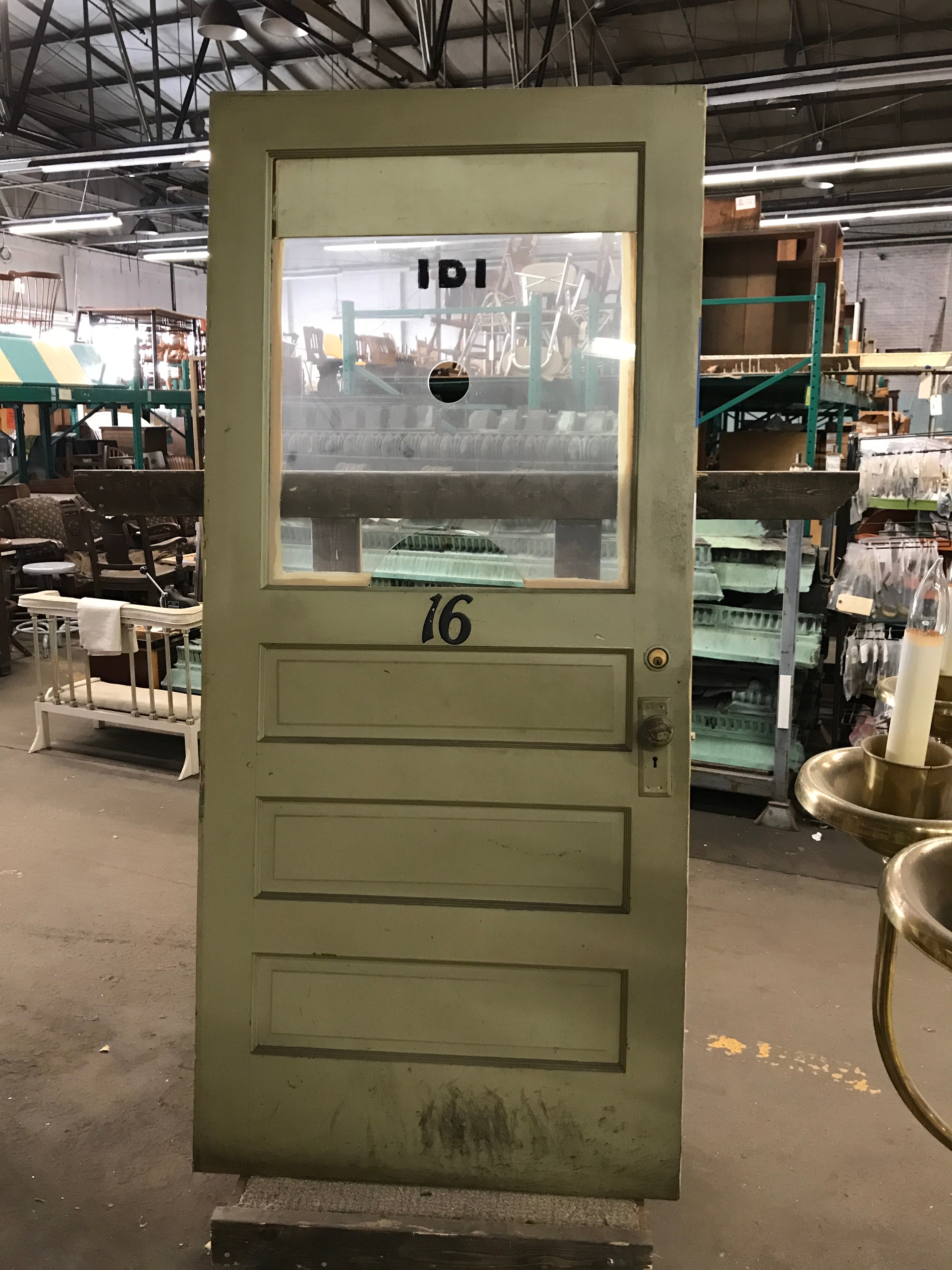 Antique Door With Glass Cut-Out for Cash or Tickets