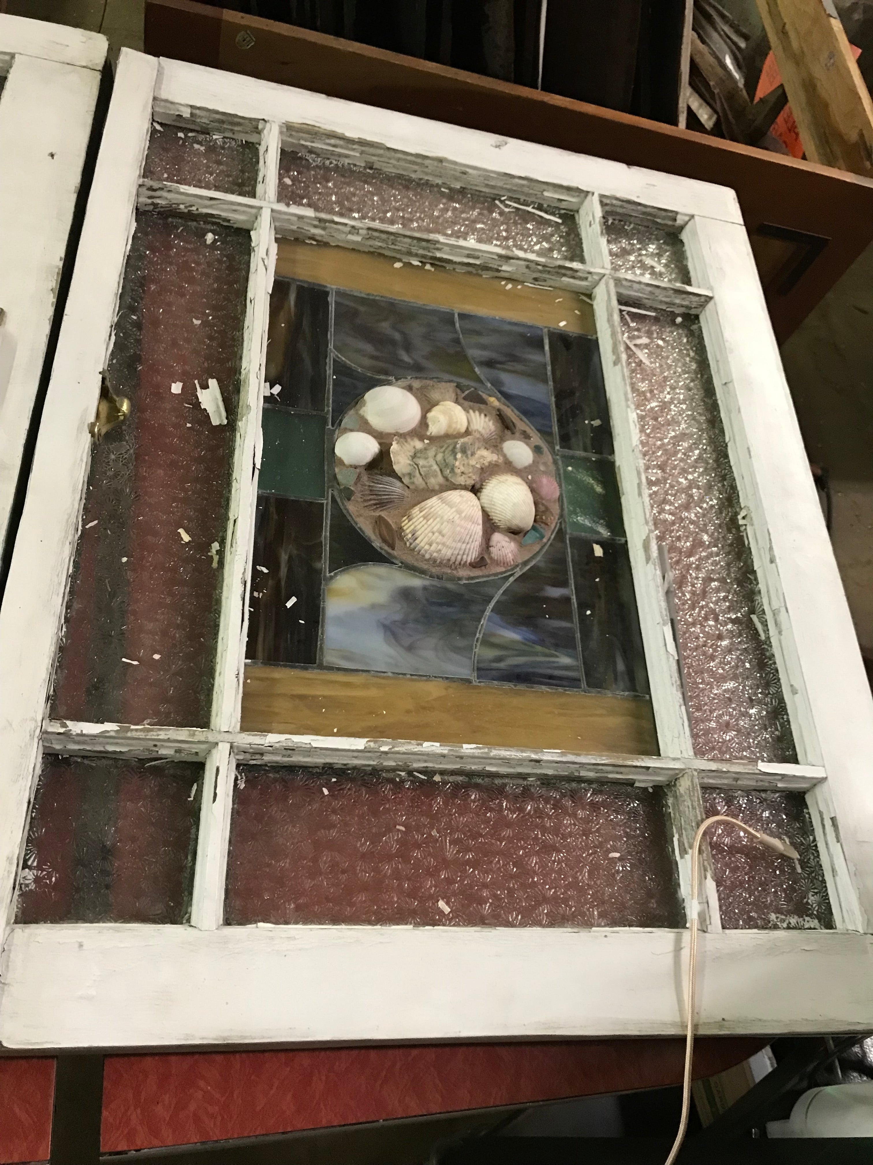 Wood Window with Privacy Glass ; leaded Glass Deco in Center