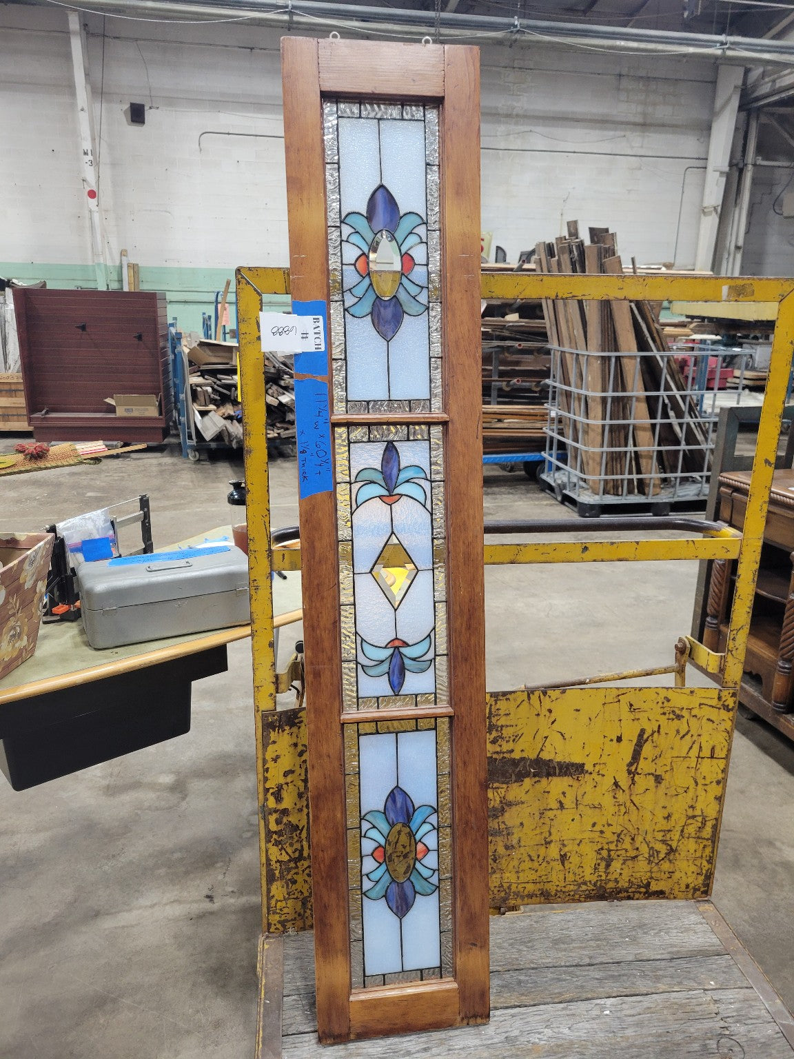 Antique Leaded Glass Window Panel with Jewel Tones – Vertical Hanging Accent