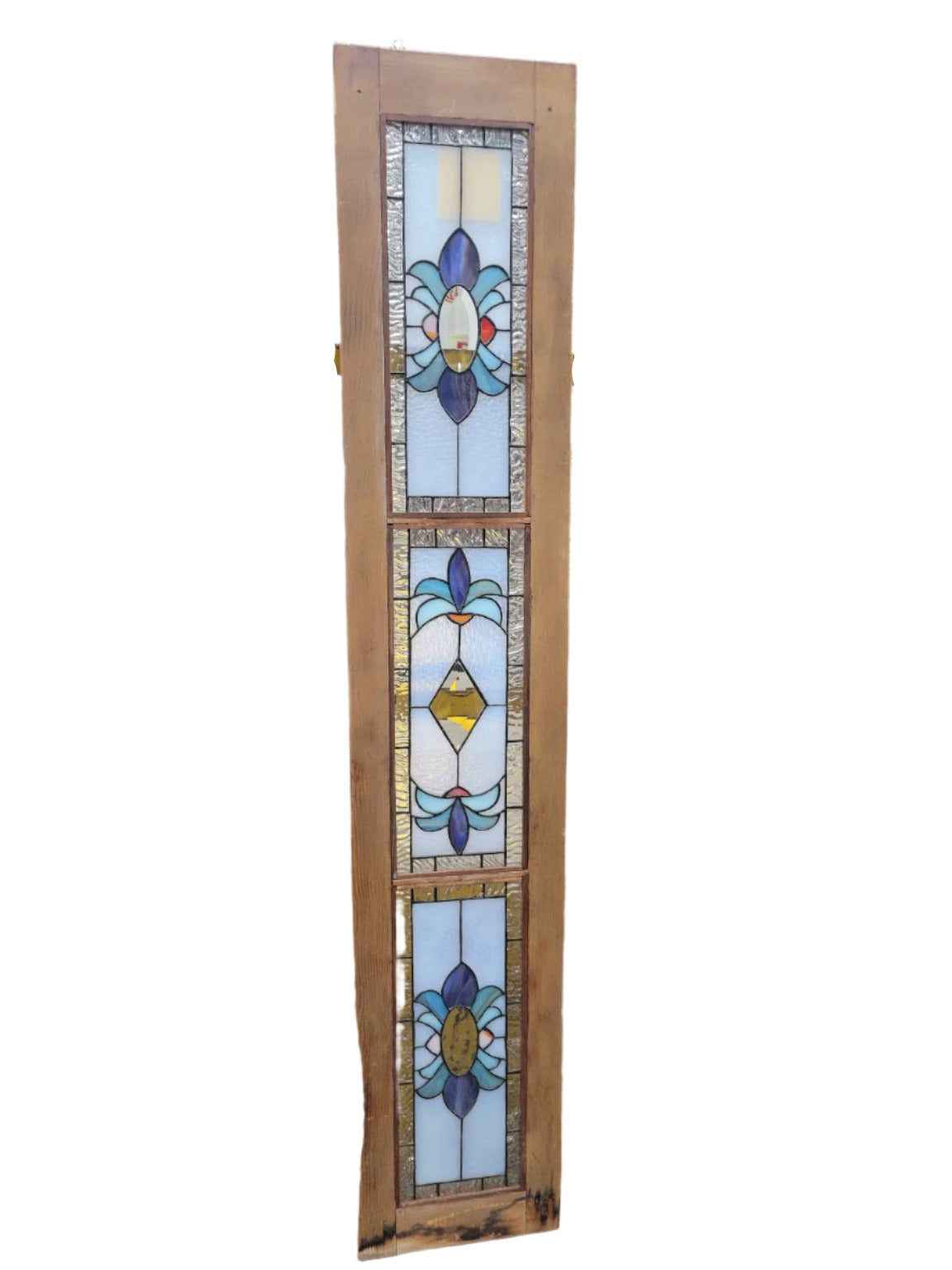 Antique Leaded Glass Window Panel with Jewel Tones – Vertical Hanging Accent