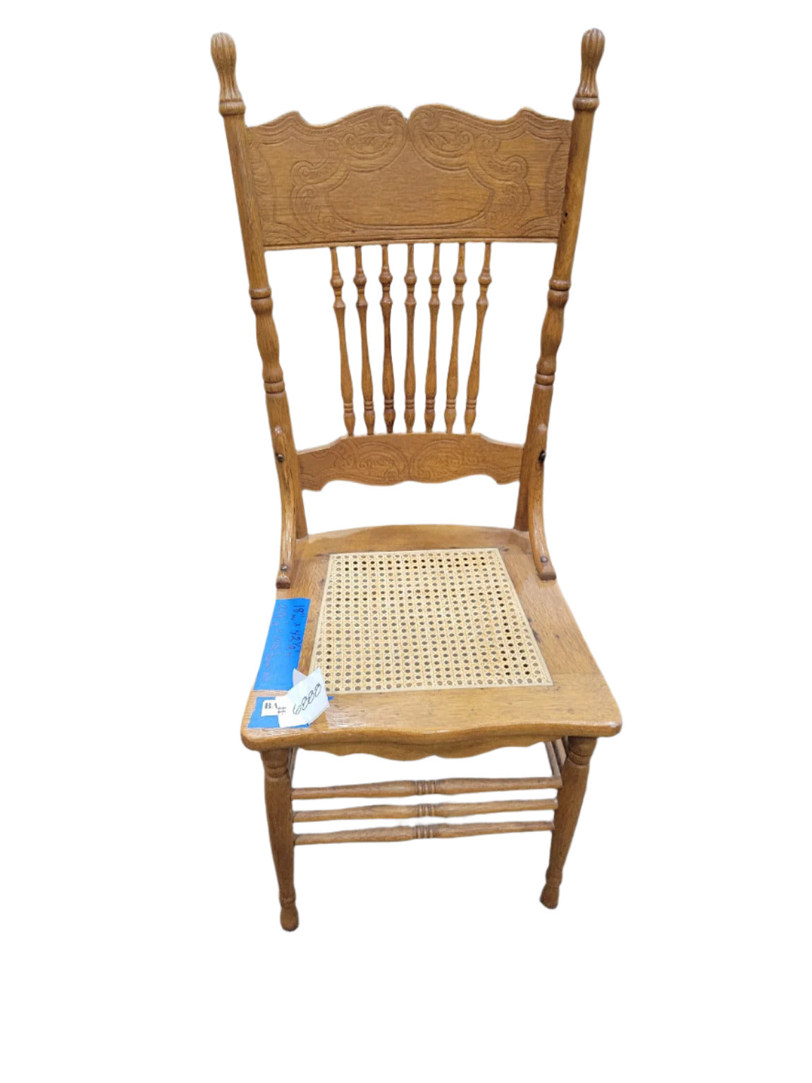 Antique Oak Spindle Back Chair with Cane Seat – Pressed Carved