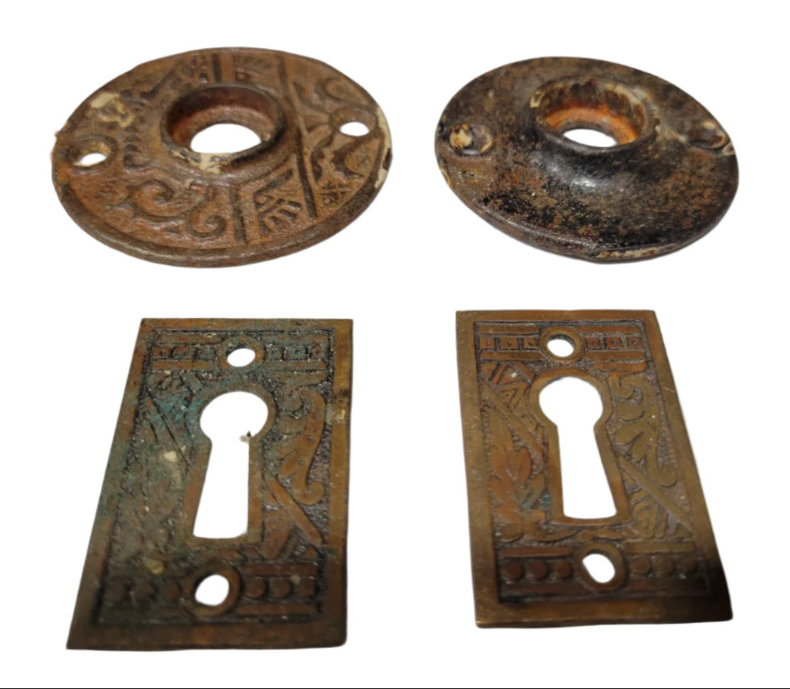 Set of 4 Antique Eastlake Keyhole & Doorknob Backplates – Mixed Round and Rectangular
