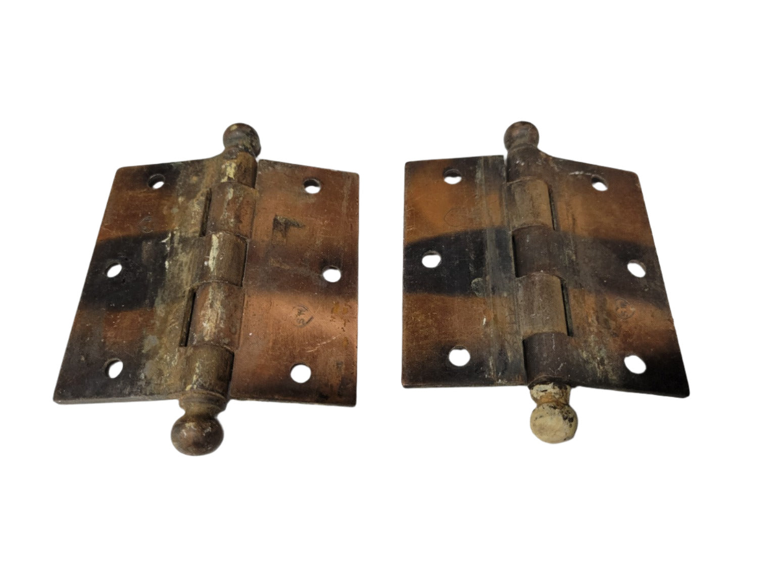 Pair of Antique Brass-Plated Door Hinges with Ball Tips – 3 ½" x 3 ½"