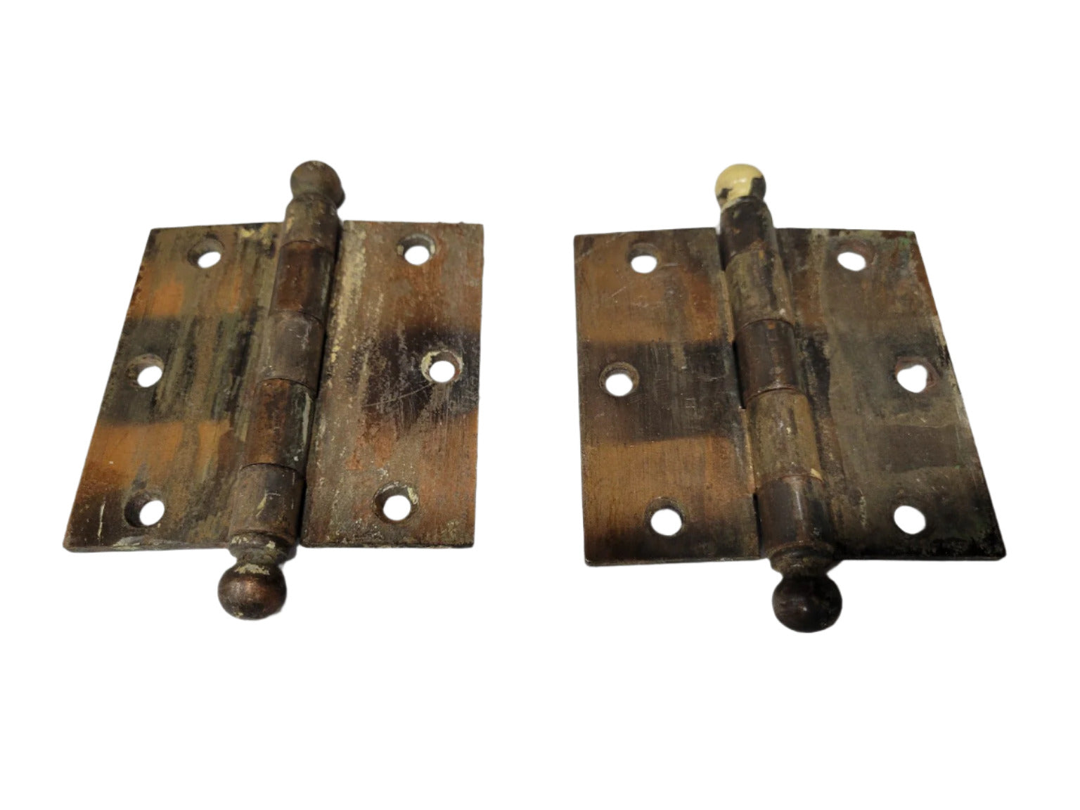 Pair of Antique Brass-Plated Door Hinges with Ball Tips – 3 ½" x 3 ½"