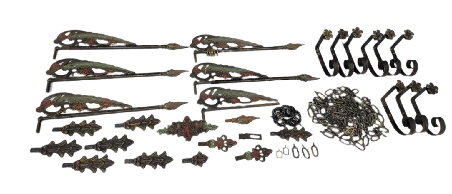 Lot of Antique Cast Iron Curtain Hardware – Painted Floral Motif