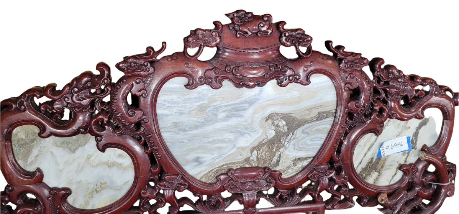 Antique Chinese Dragon Motif Marble-Backed Bench – Three Seat (As-Is)