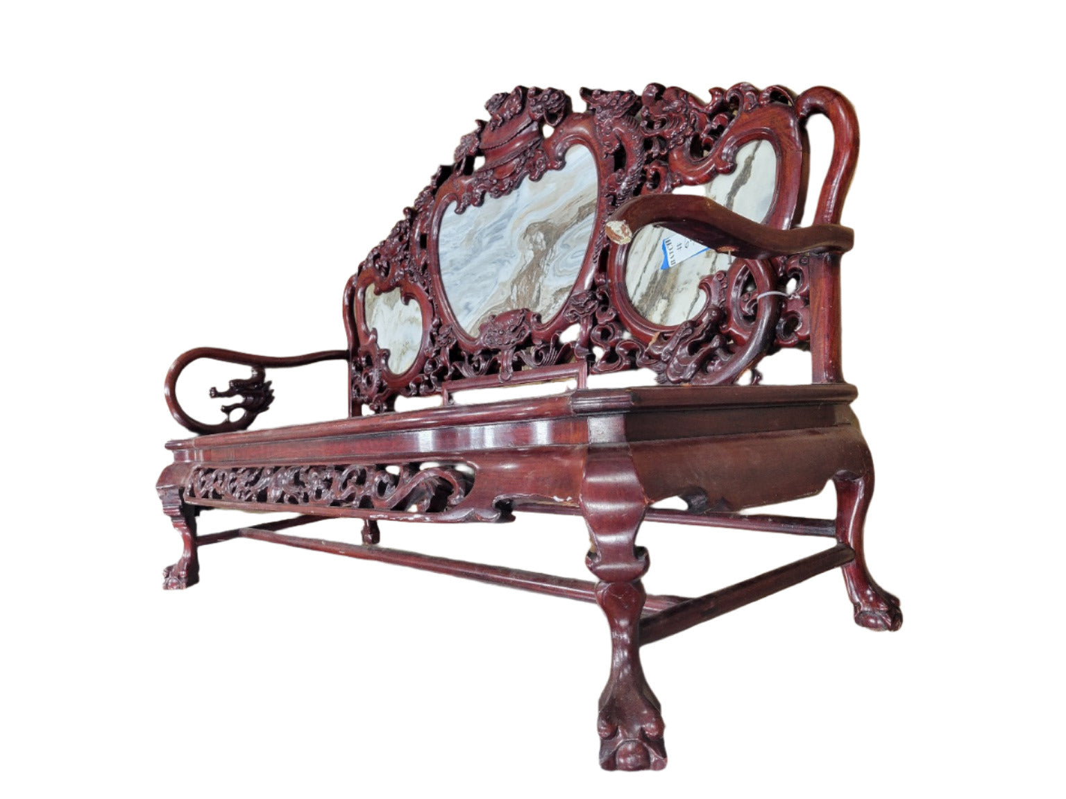 Antique Chinese Dragon Motif Marble-Backed Bench – Three Seat (As-Is)