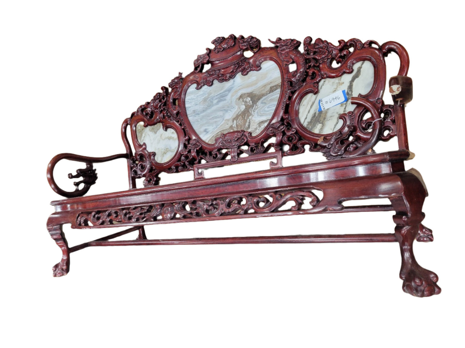 Antique Chinese Dragon Motif Marble-Backed Bench – Three Seat (As-Is)