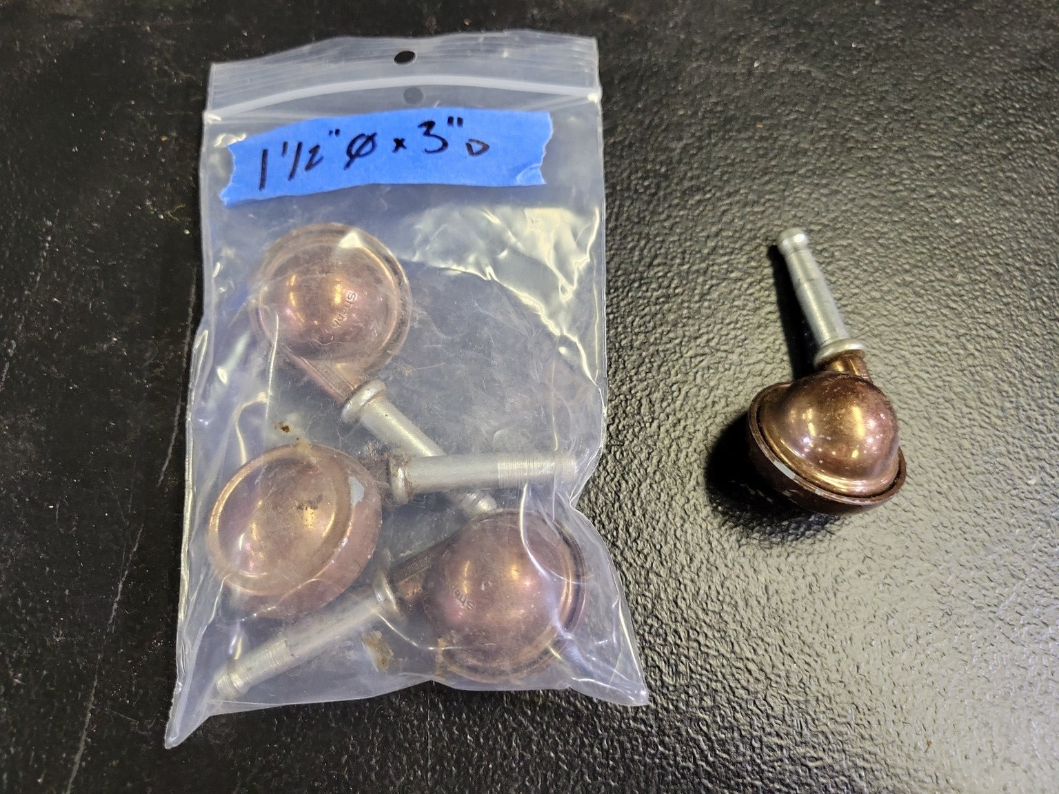 Set of 4 Vintage Brass Furniture Casters – 1 1/2" Wheel, 3" Stem