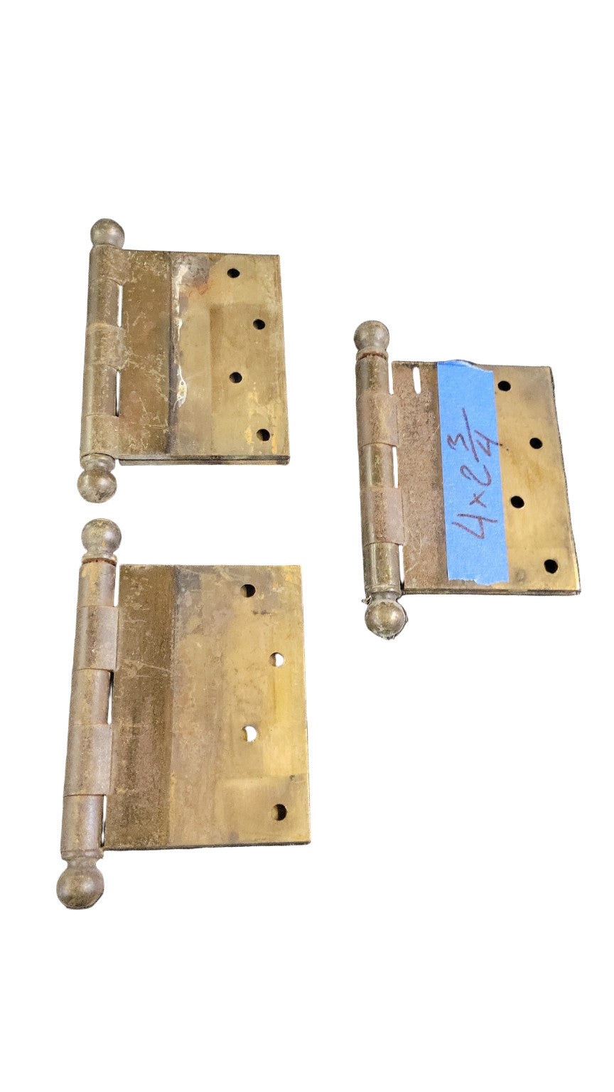 Set of 3 Antique Brass Ball-Tip Door Hinges – 4" x 3 1/4"