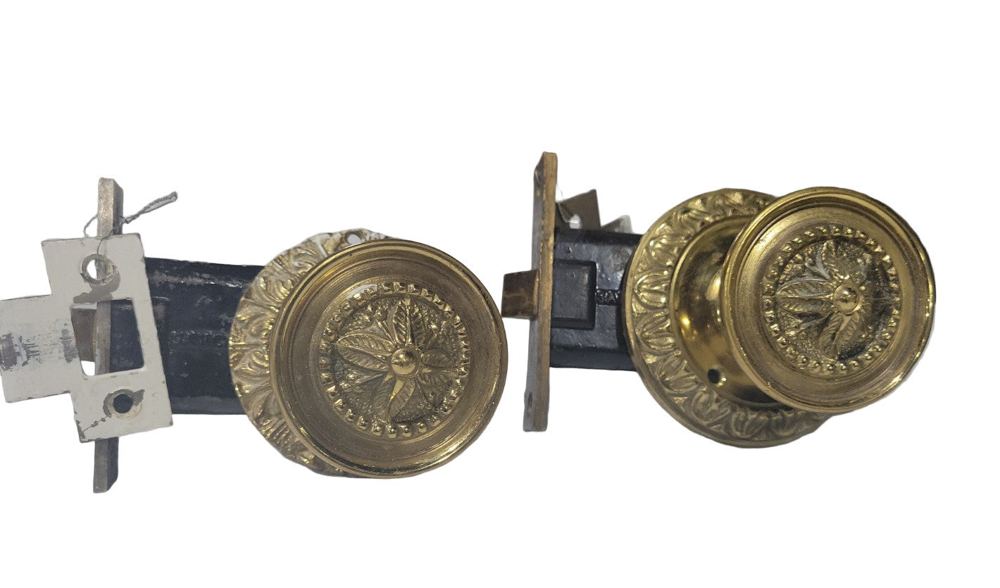 Set of 2 Ornate Brass Door Knobs with Backplates