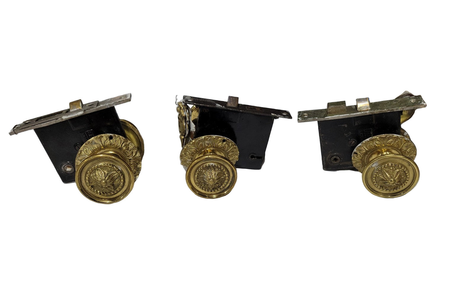 Set of 3 Ornate Cast Brass Door Knob Assemblies – Laurel & Leaf Motif