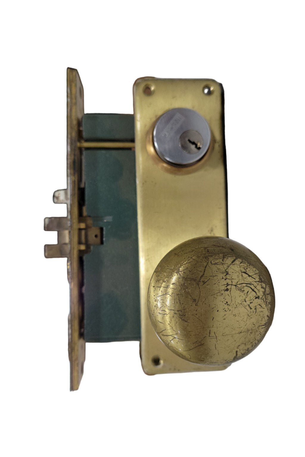 Vintage Mortise Lockset with Solid Brass Knobs and Key Cylinder