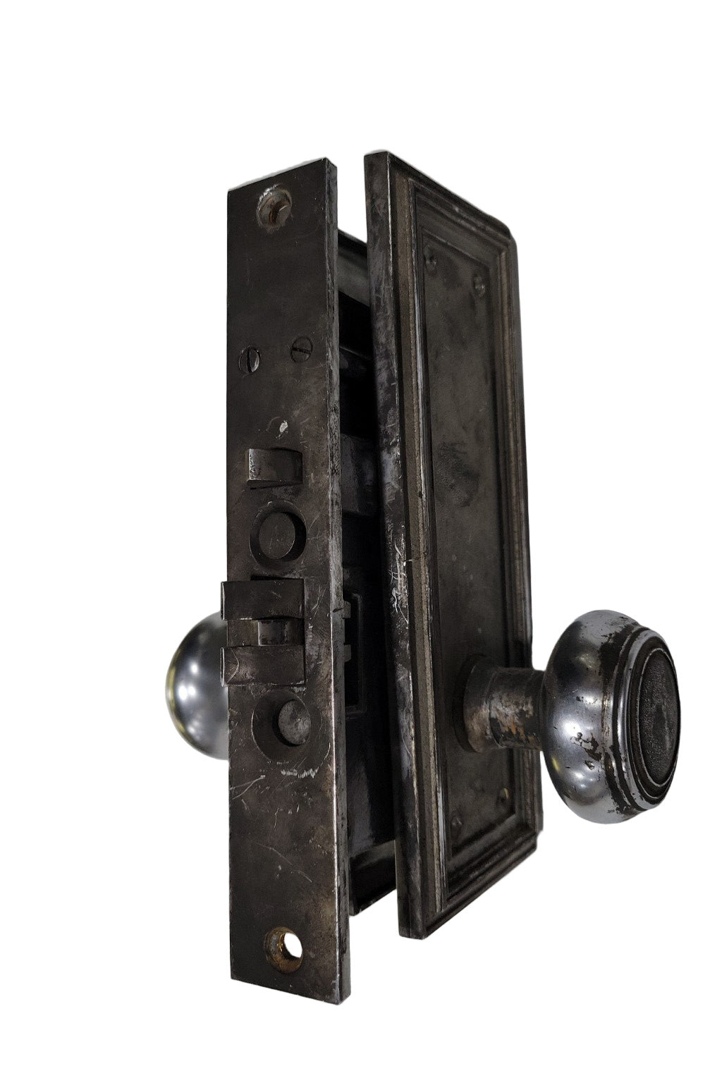 Vintage Mortise Lockset with Nickel-Plated Knobs and Beveled Edge Backplates