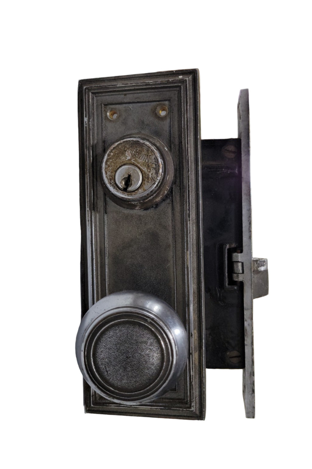 Vintage Nickel-Plated Mortise Lockset with Key Cylinder – Classic Industrial Style