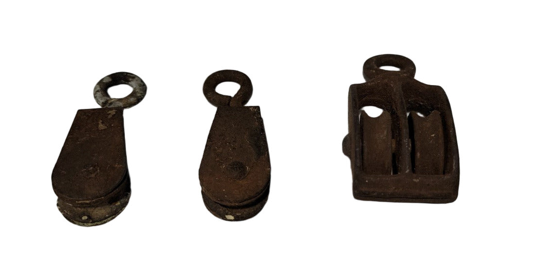 Vintage Miniature Metal Pulley Trio – 2 ¼" Max Length