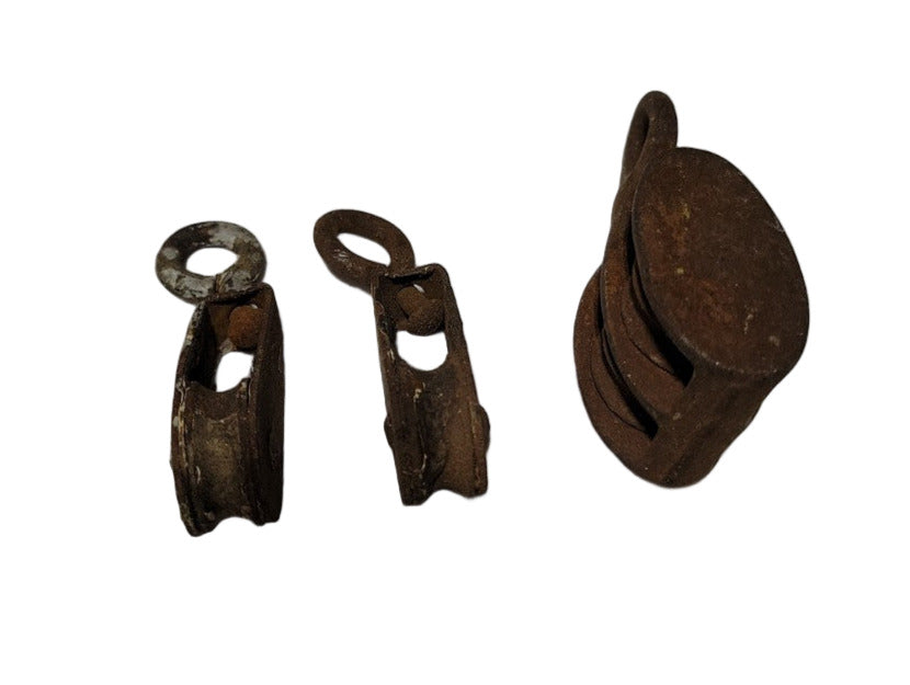 Vintage Miniature Metal Pulley Trio – 2 ¼" Max Length