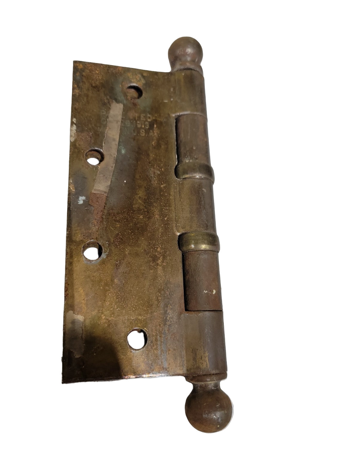 Antique 1913 Brass Ball-Tip Door Hinge – 4" x 5"