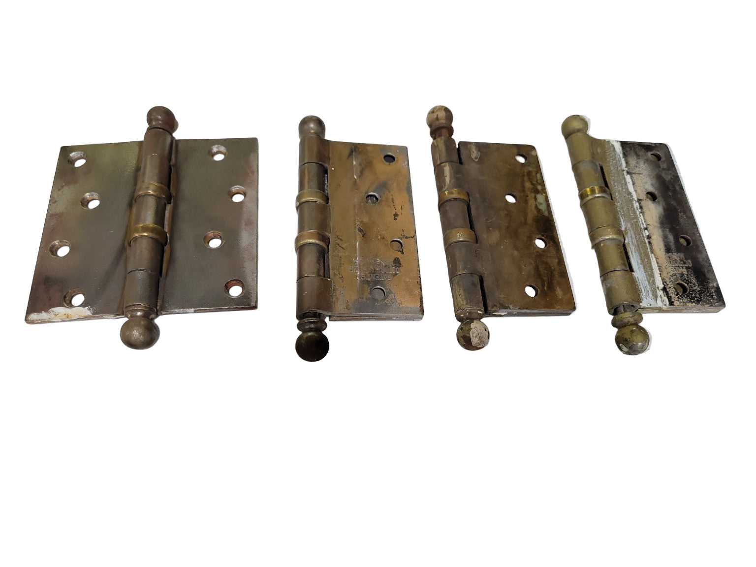 Antique 1913 Brass Ball-Tip Door Hinges – Set of 3 (4" x 4")