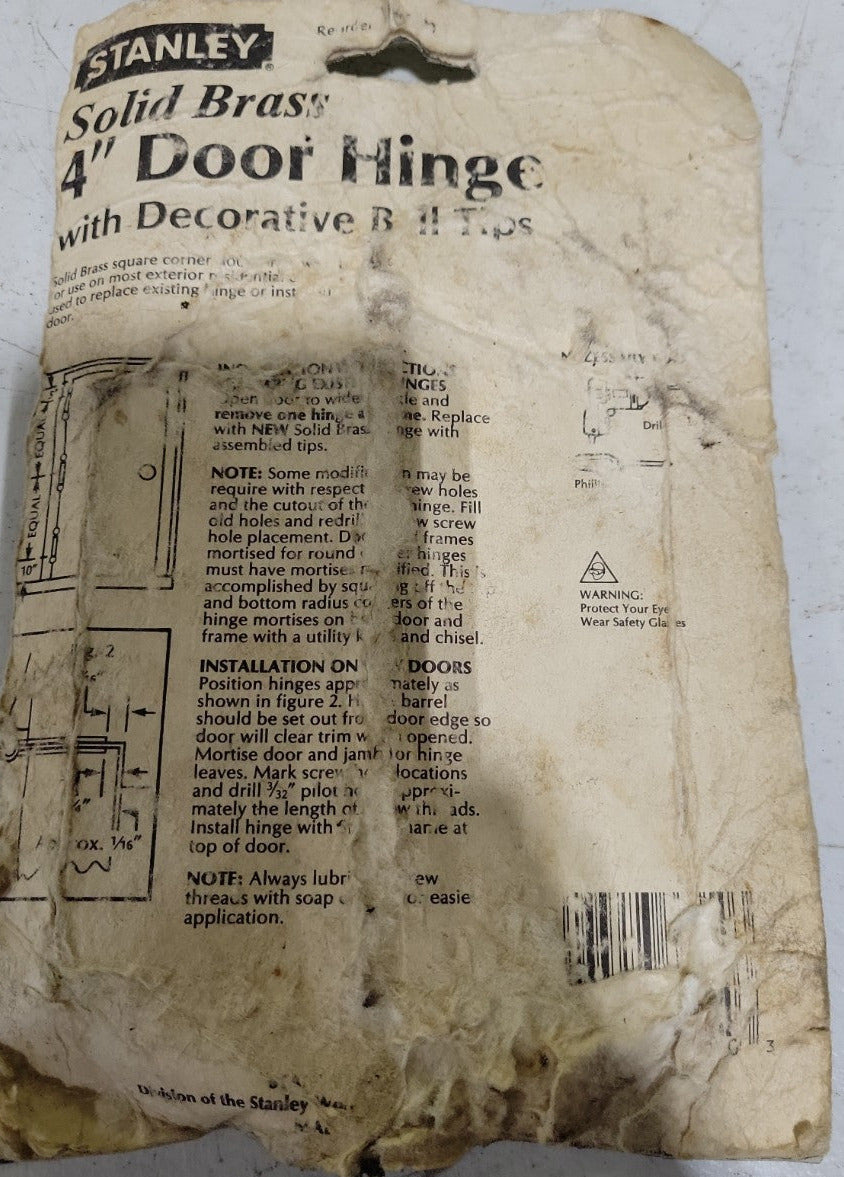 Stanley Solid Brass Door Hinge with Decorative Ball Tips – 4" x 4" (NOS in Original Packaging)