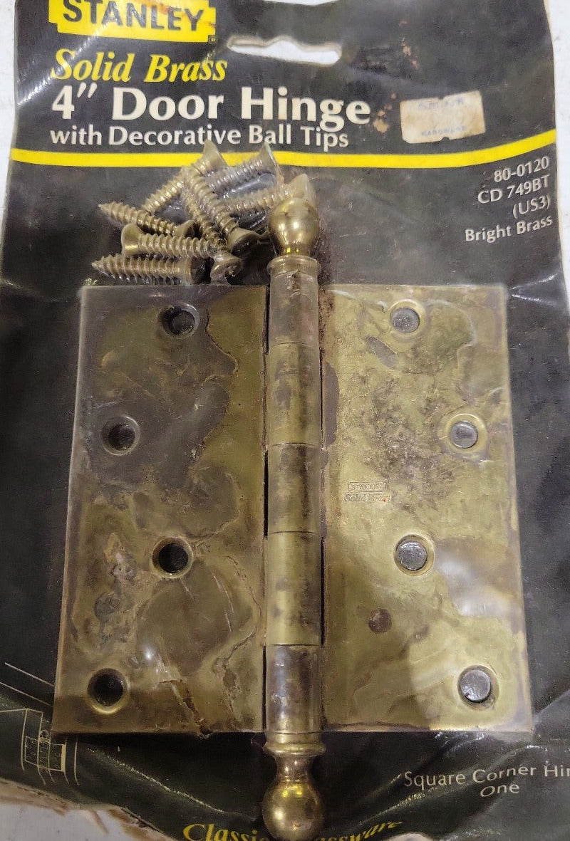 Stanley Solid Brass Door Hinge with Decorative Ball Tips – 4" x 4" (NOS in Original Packaging)