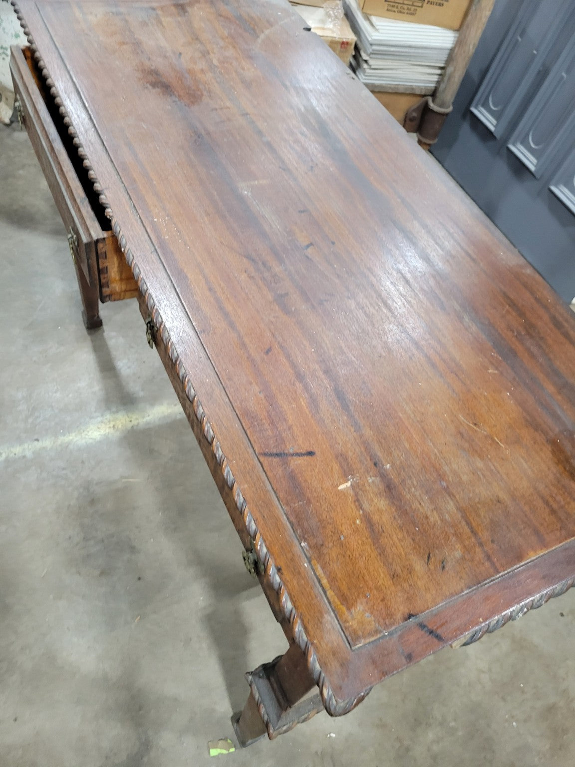 Vintage Tiger Oak Writing Desk with Rope Twist Edge