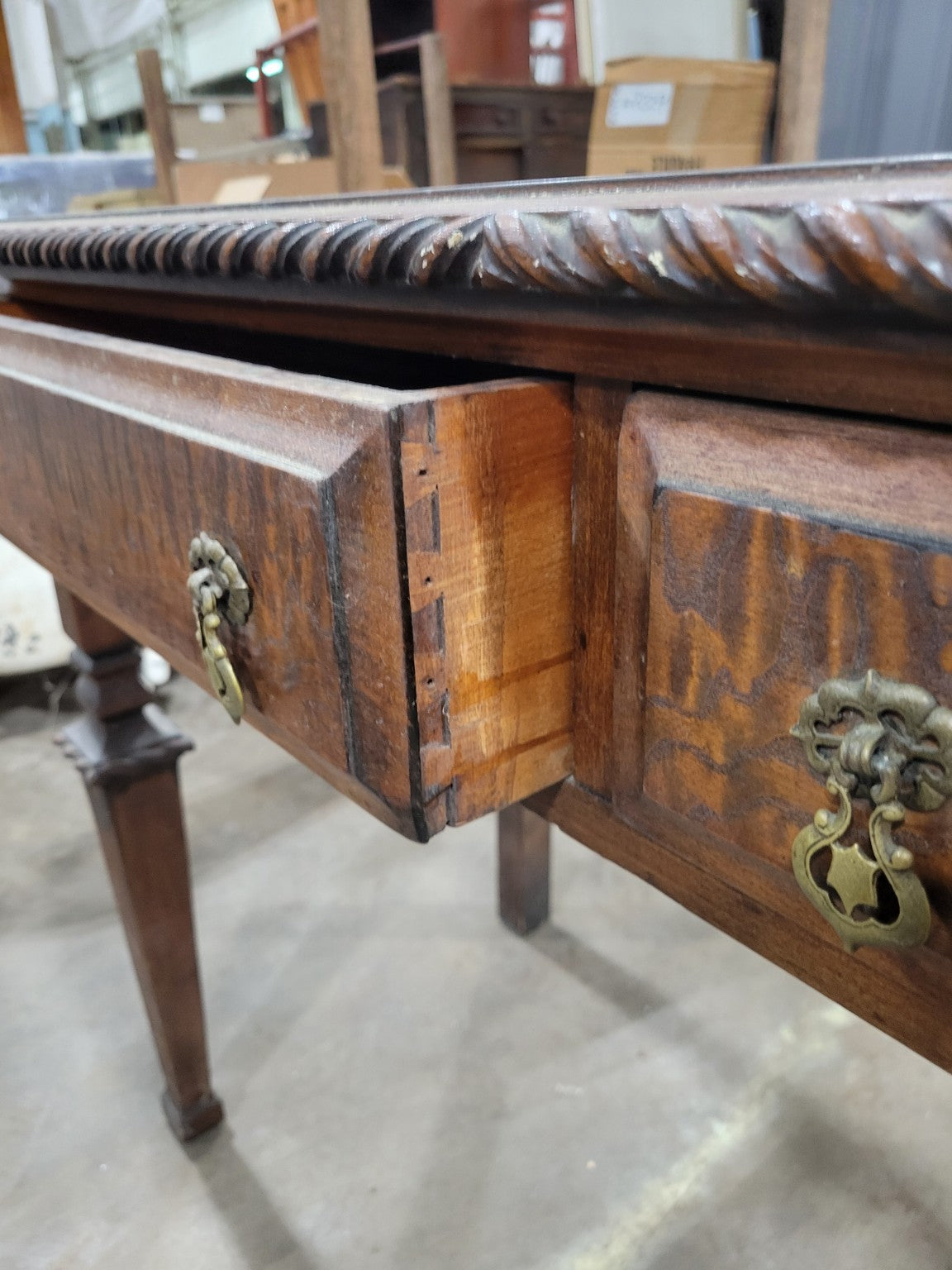 Vintage Tiger Oak Writing Desk with Rope Twist Edge