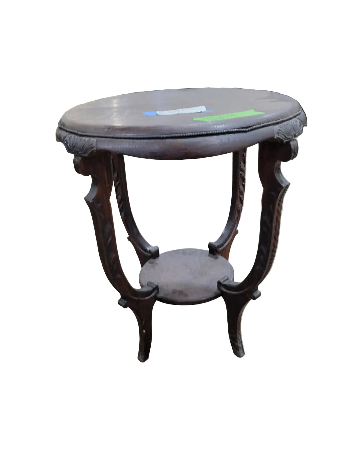 Antique Round Oak Lamp Table with Carved Legs