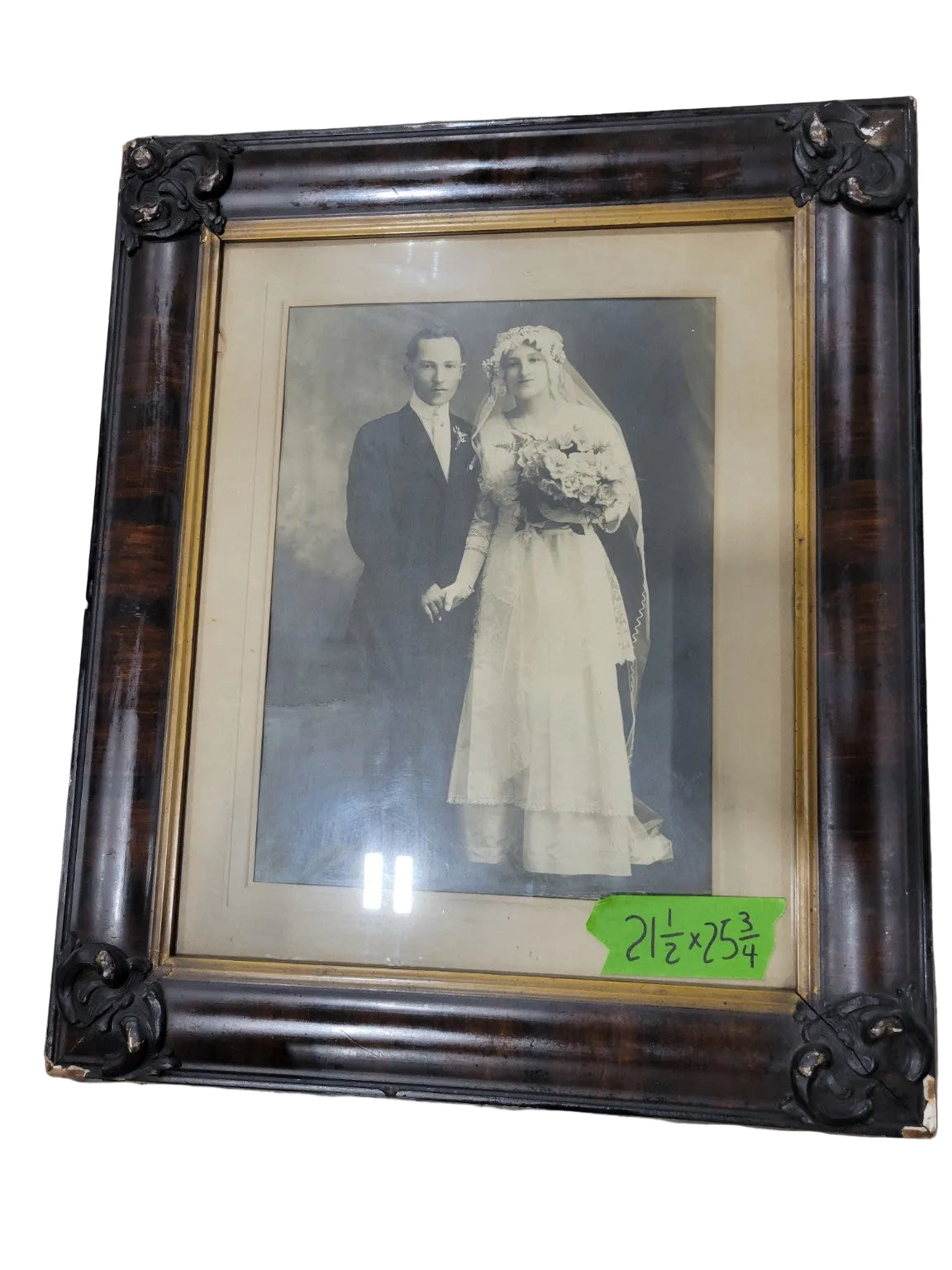 Antique Wedding Portrait in Carved Wood Frame