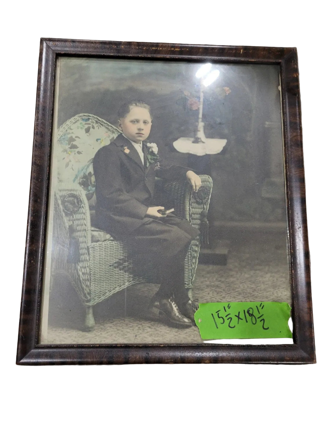 Antique Hand-Tinted Portrait of Young Boy in Walnut Frame