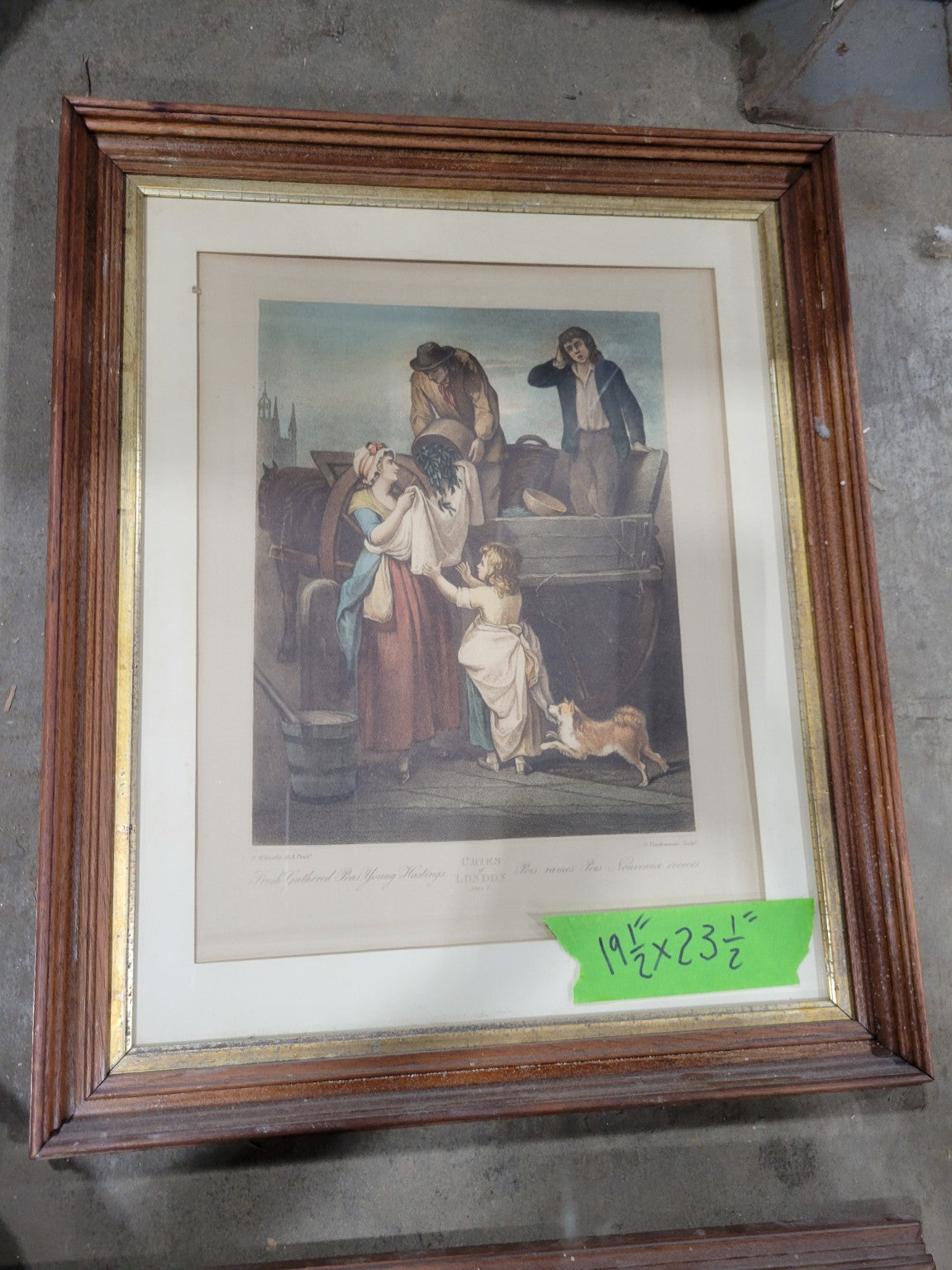 "Cries of London – Newcome Ecorcés" Antique Hand-Colored Engraving in Walnut Frame