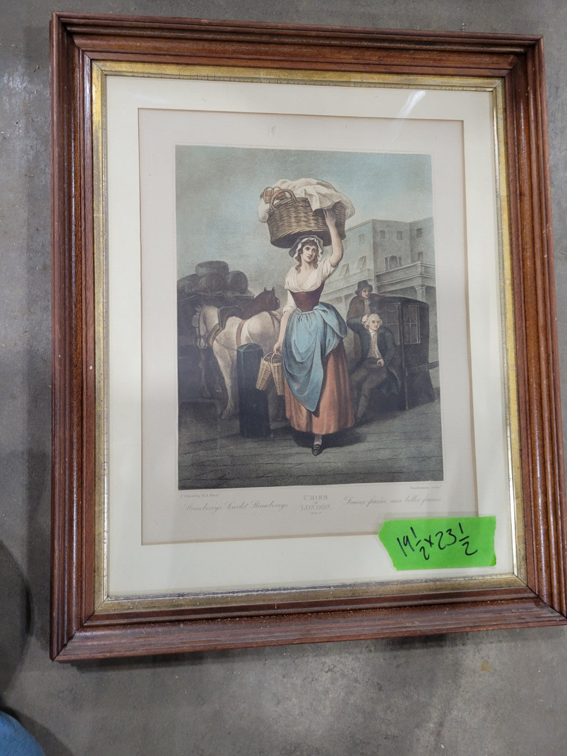 "Cries of London – Scarlet Strawberrys" Antique Hand-Colored Engraving in Walnut Frame