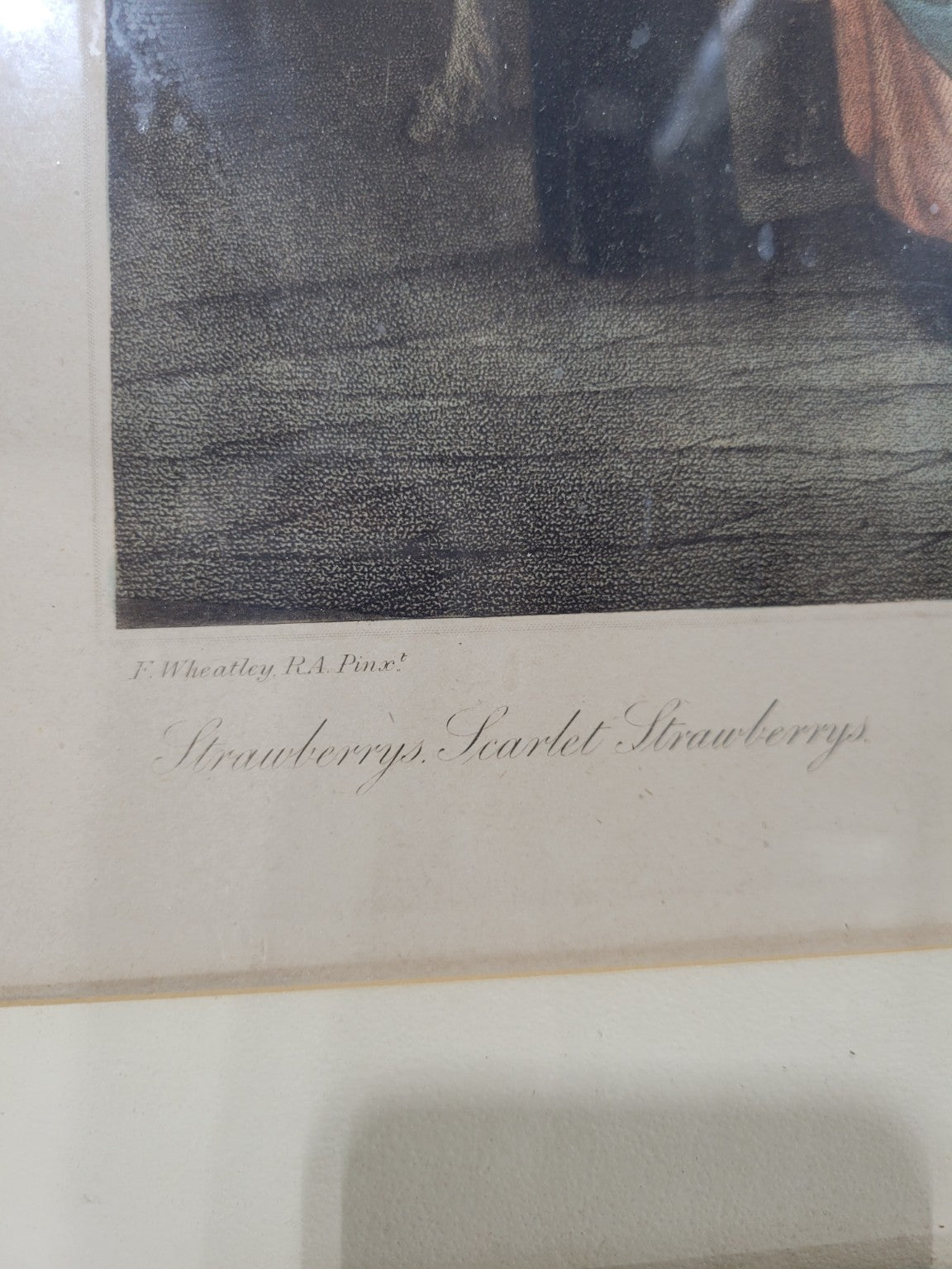 "Cries of London – Scarlet Strawberrys" Antique Hand-Colored Engraving in Walnut Frame