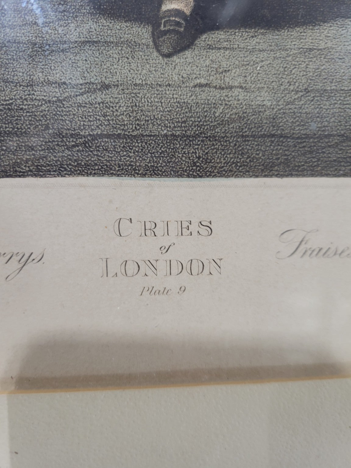 "Cries of London – Scarlet Strawberrys" Antique Hand-Colored Engraving in Walnut Frame