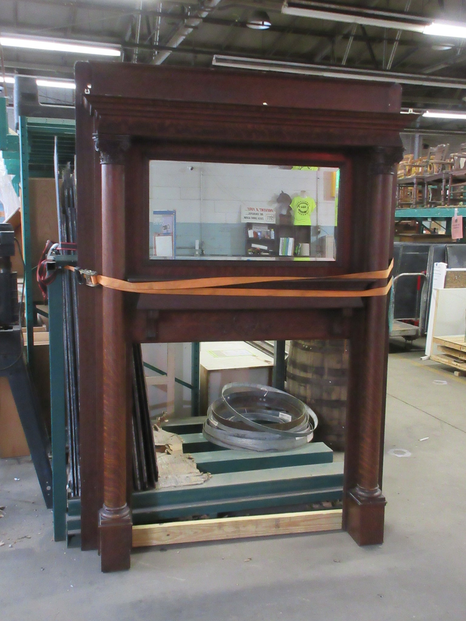 Vintage Twin Column Oak Mantle with Mirror