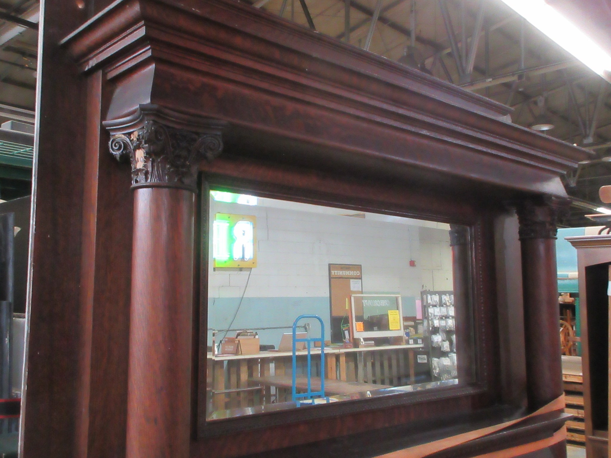 Vintage Twin Column Oak Mantle with Mirror