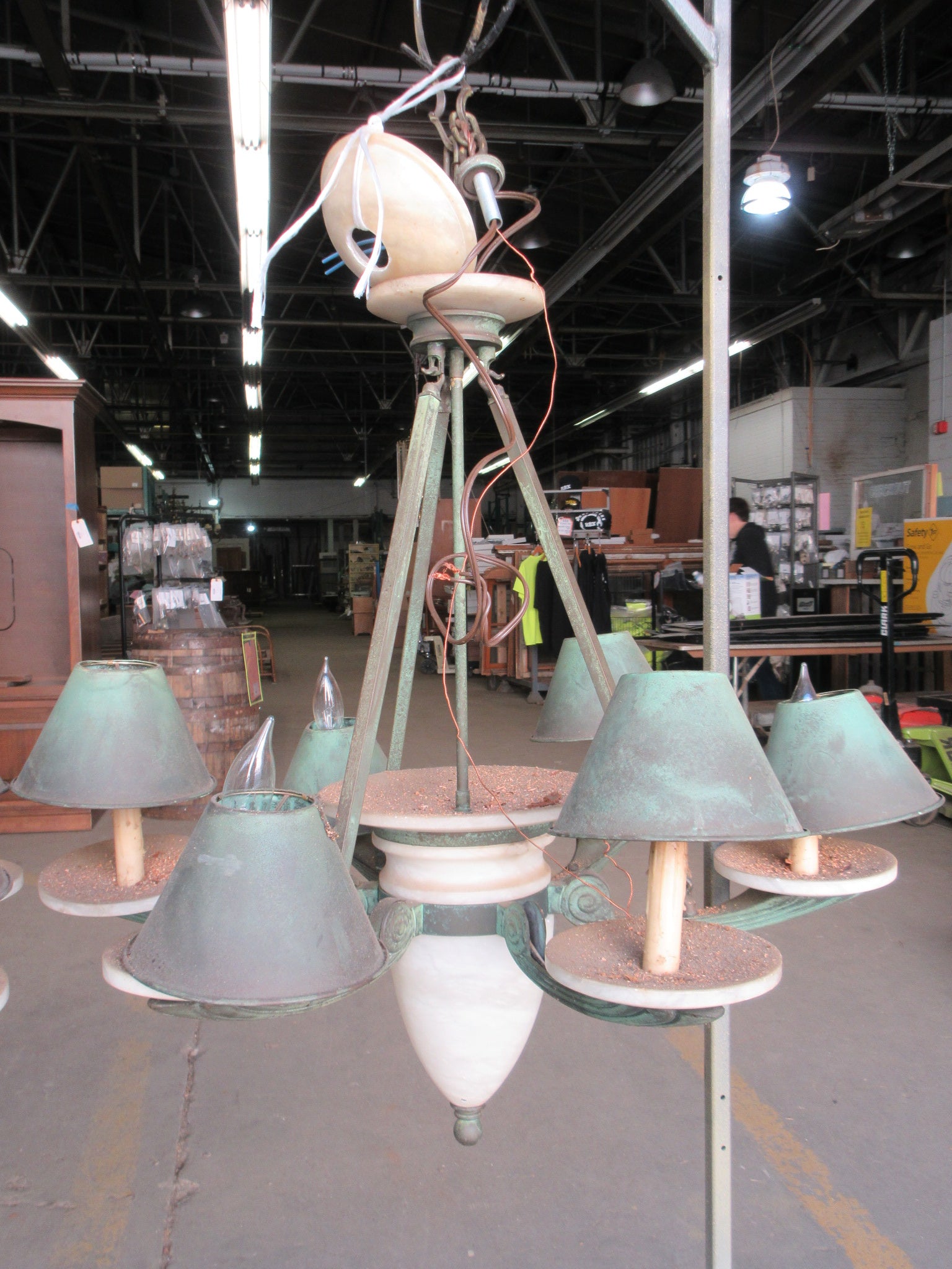 Nulco Millennia Collection Aged Brass Alabaster and Glass Six Light Up Chandelier