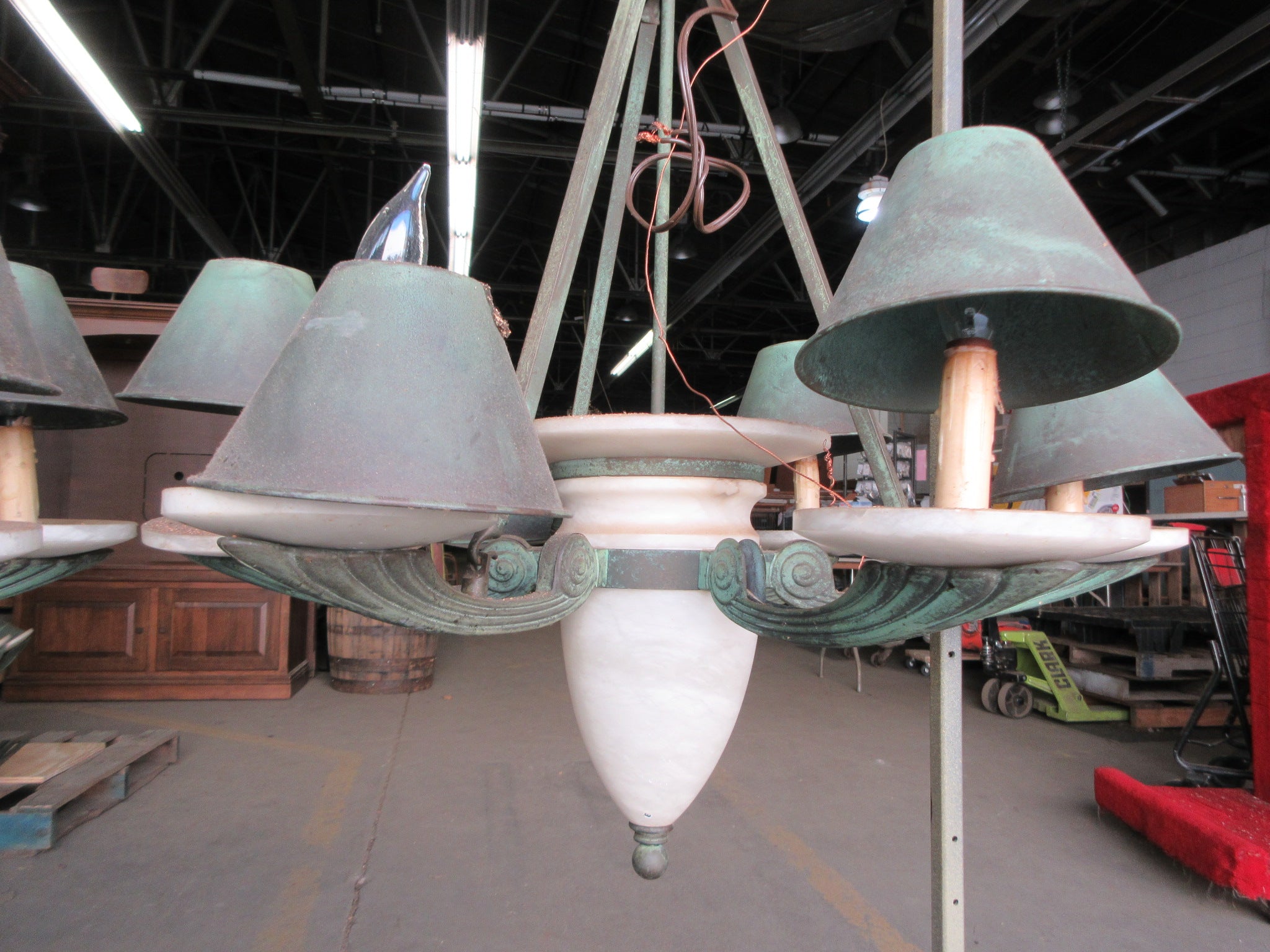 Nulco Millennia Collection Aged Brass Alabaster and Glass Six Light Up Chandelier