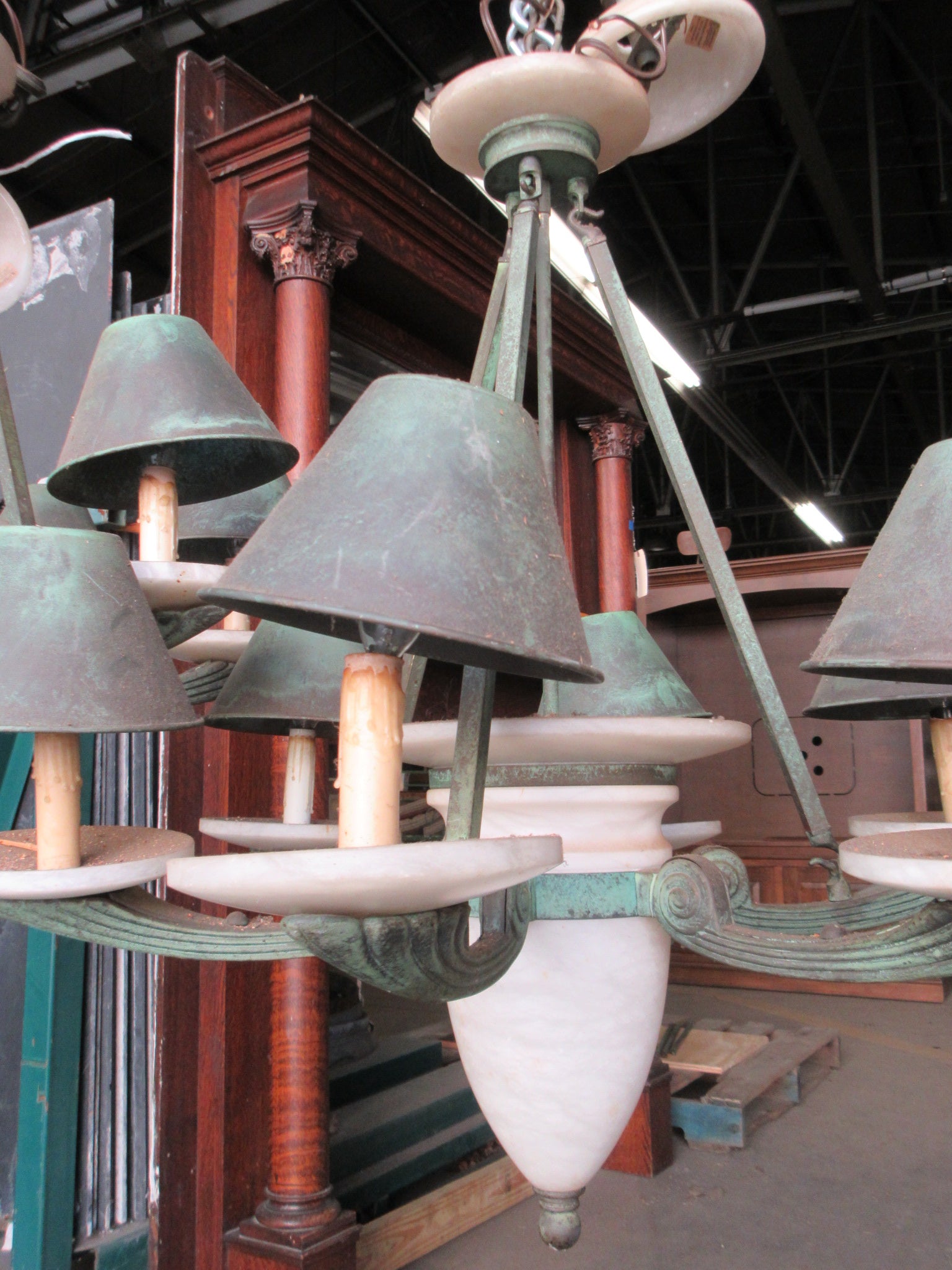 Nulco Millennia Collection Aged Brass Alabaster and Glass Six Light Up Chandelier