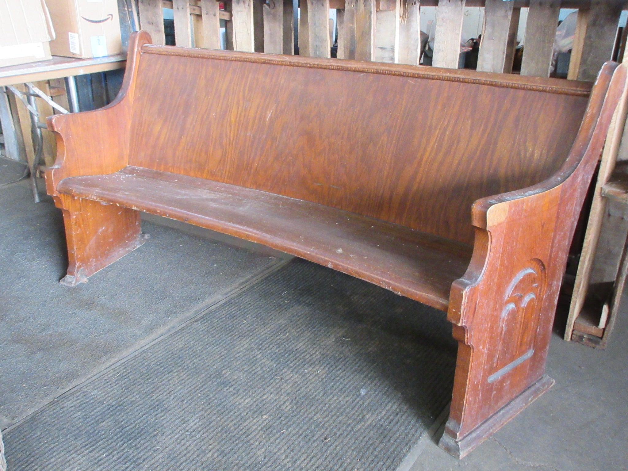 Vintage Curved Church Pew with Carved End Caps