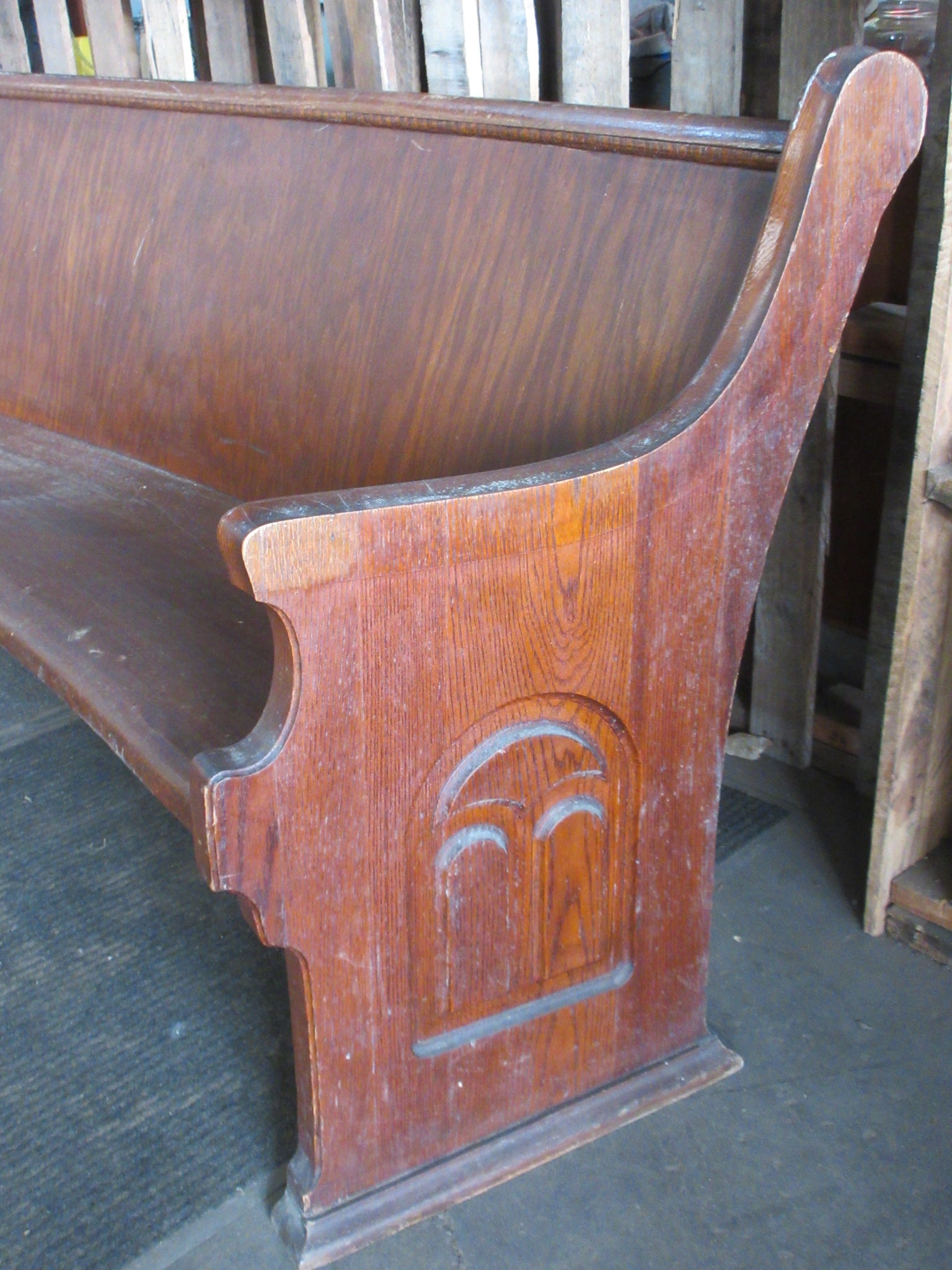 Vintage Curved Church Pew with Carved End Caps