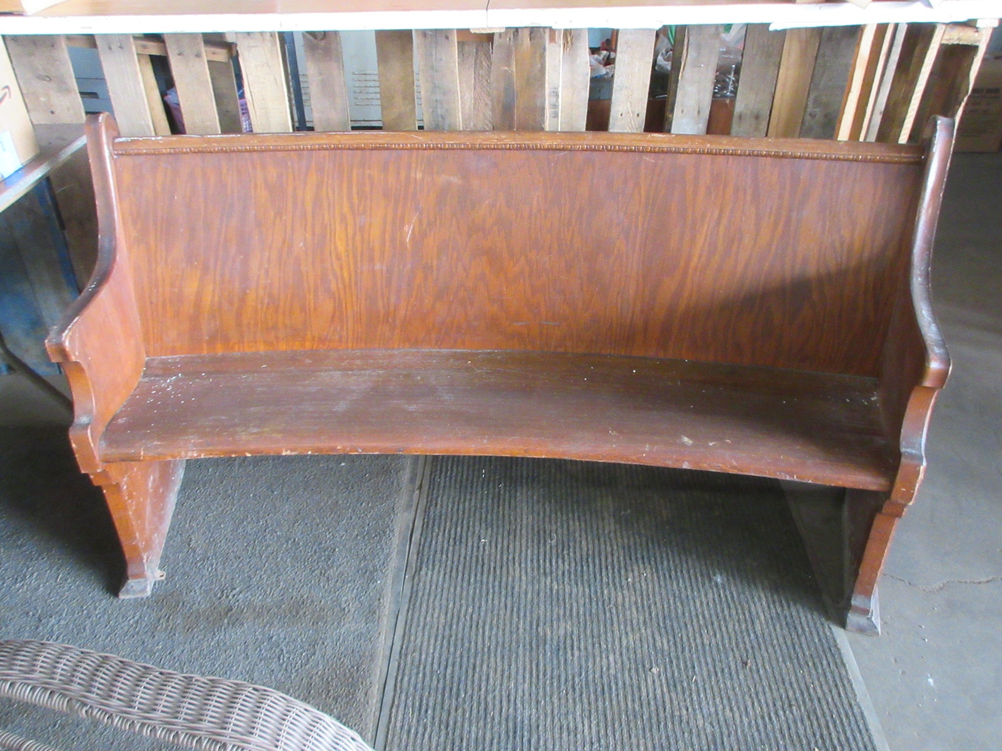 Vintage Curved Church Pew with Carved End Caps