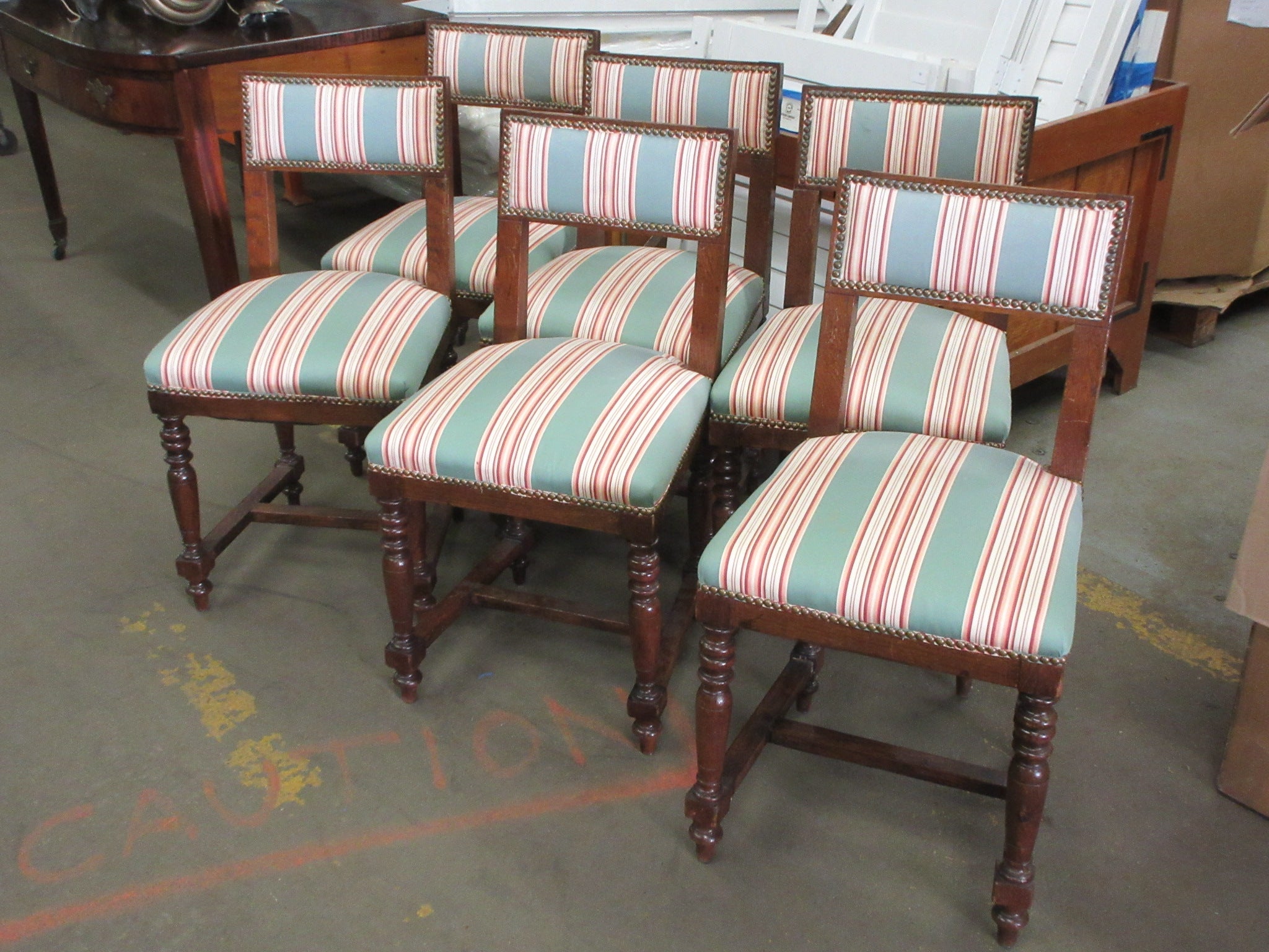 Nail Head Trim Upholstered Set of Six Oak Chairs