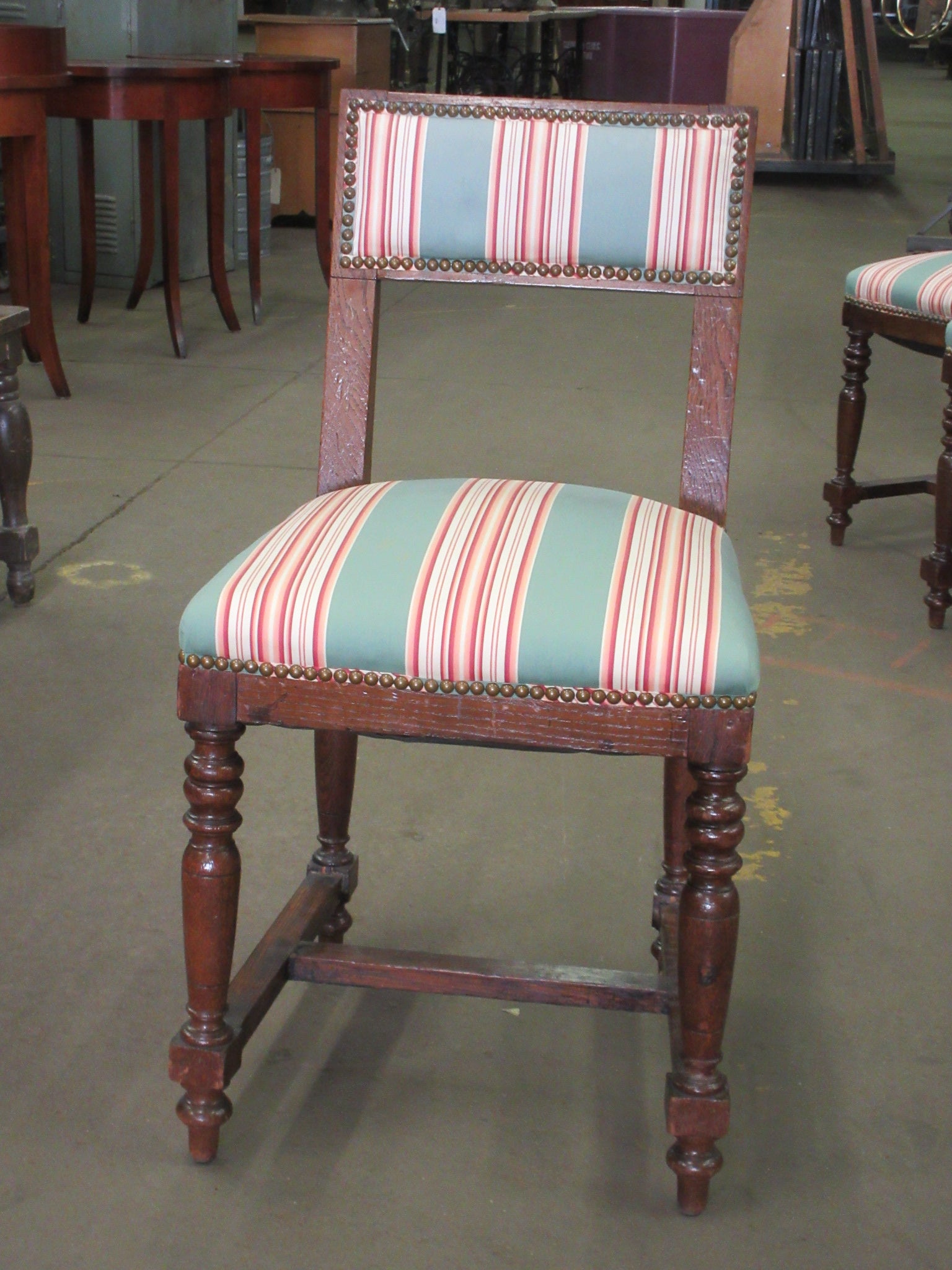 Nail Head Trim Upholstered Set of Six Oak Chairs