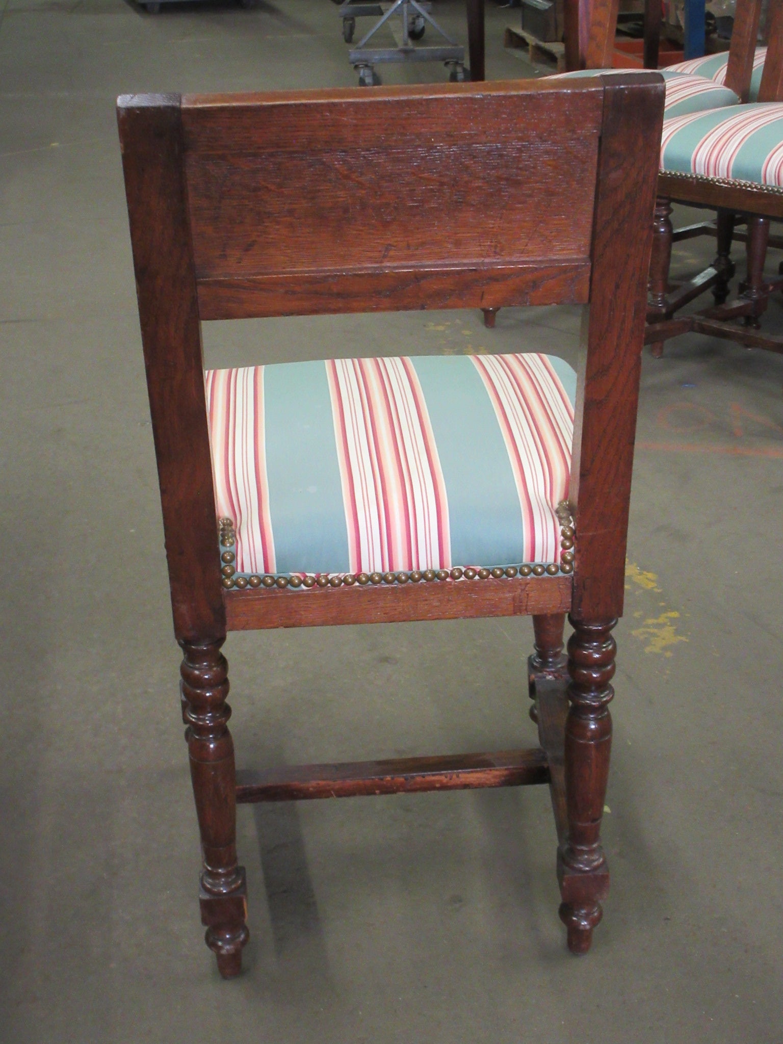 Nail Head Trim Upholstered Set of Six Oak Chairs