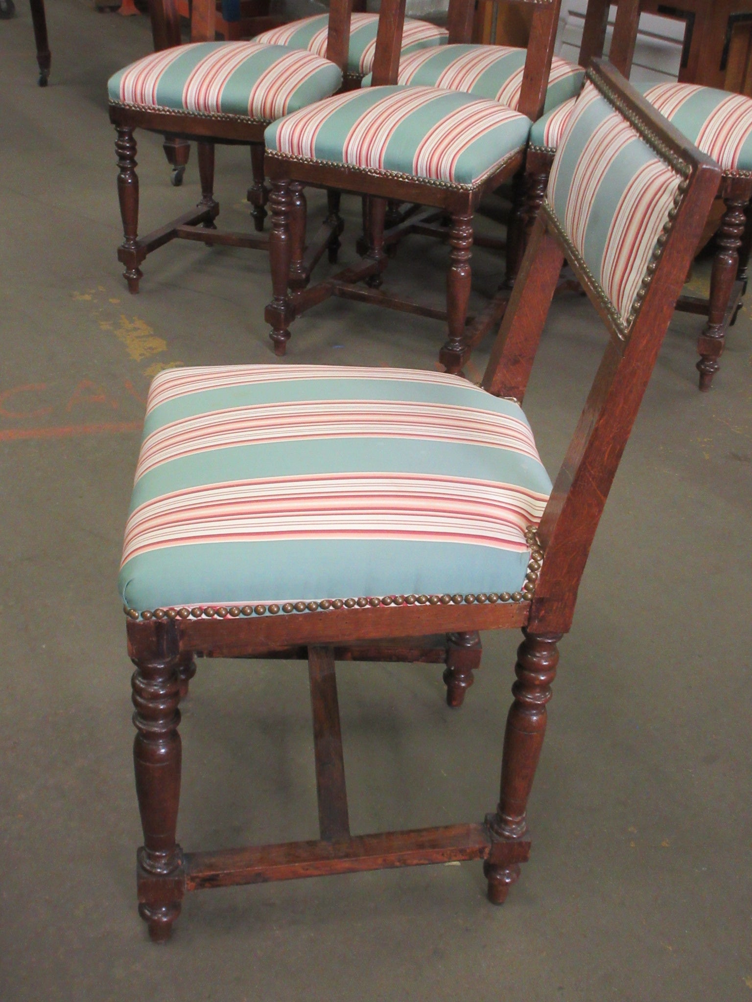 Nail Head Trim Upholstered Set of Six Oak Chairs