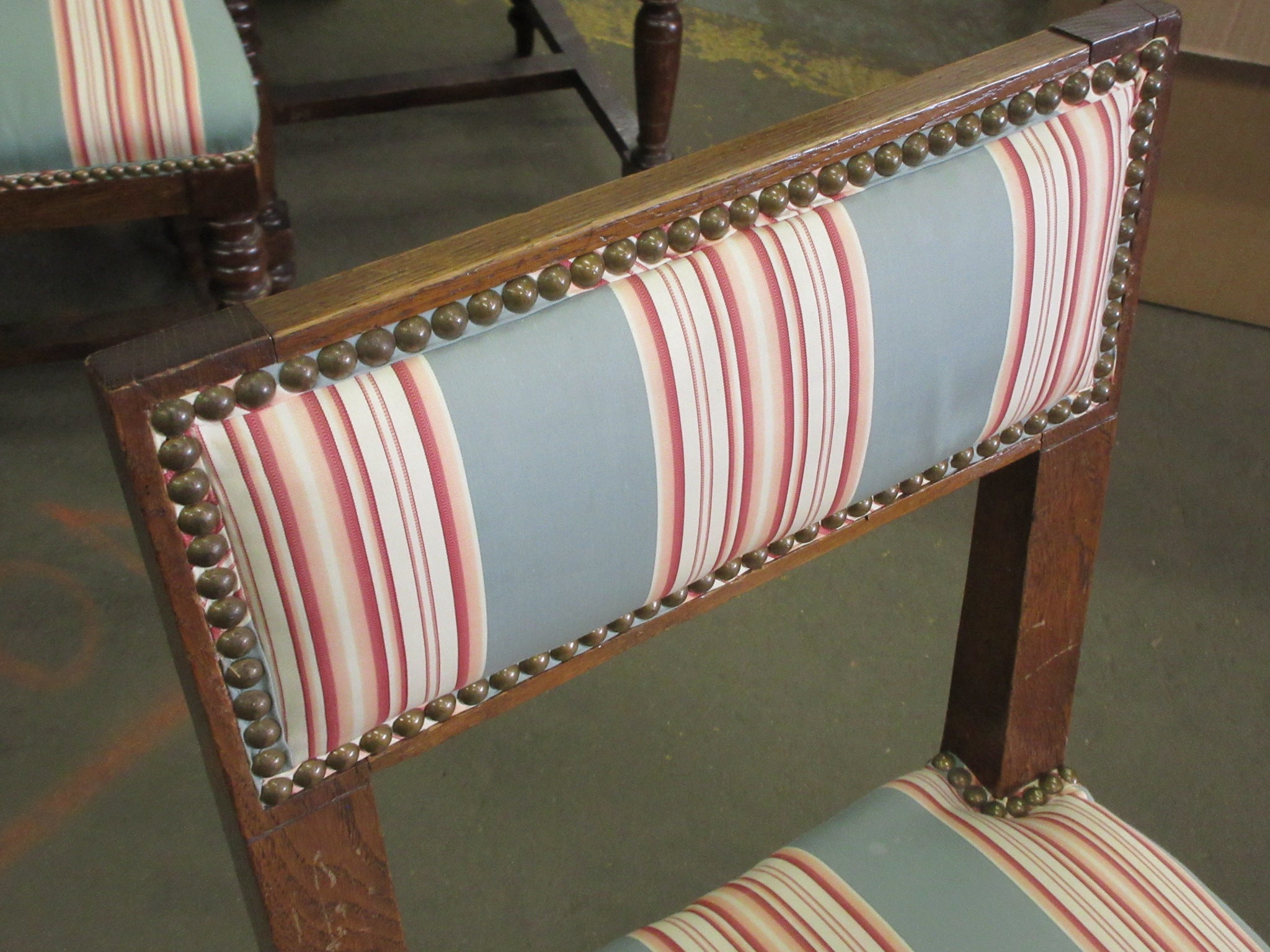 Nail Head Trim Upholstered Set of Six Oak Chairs