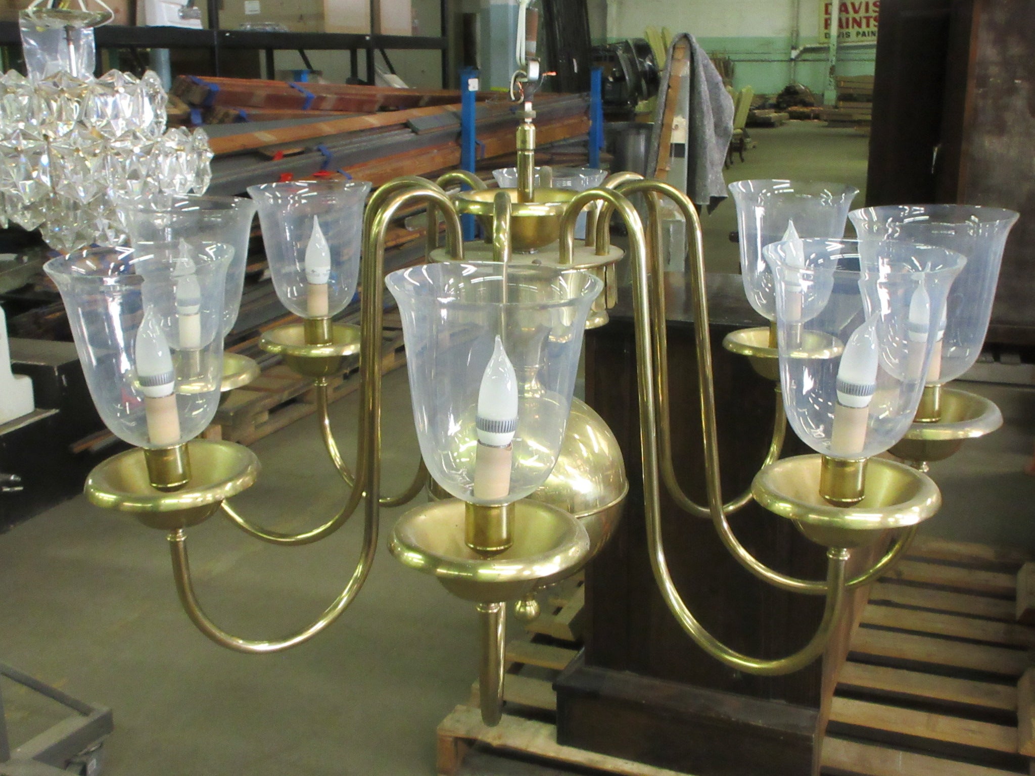 Eight Arm Brass Chandelier with Glass Sconces