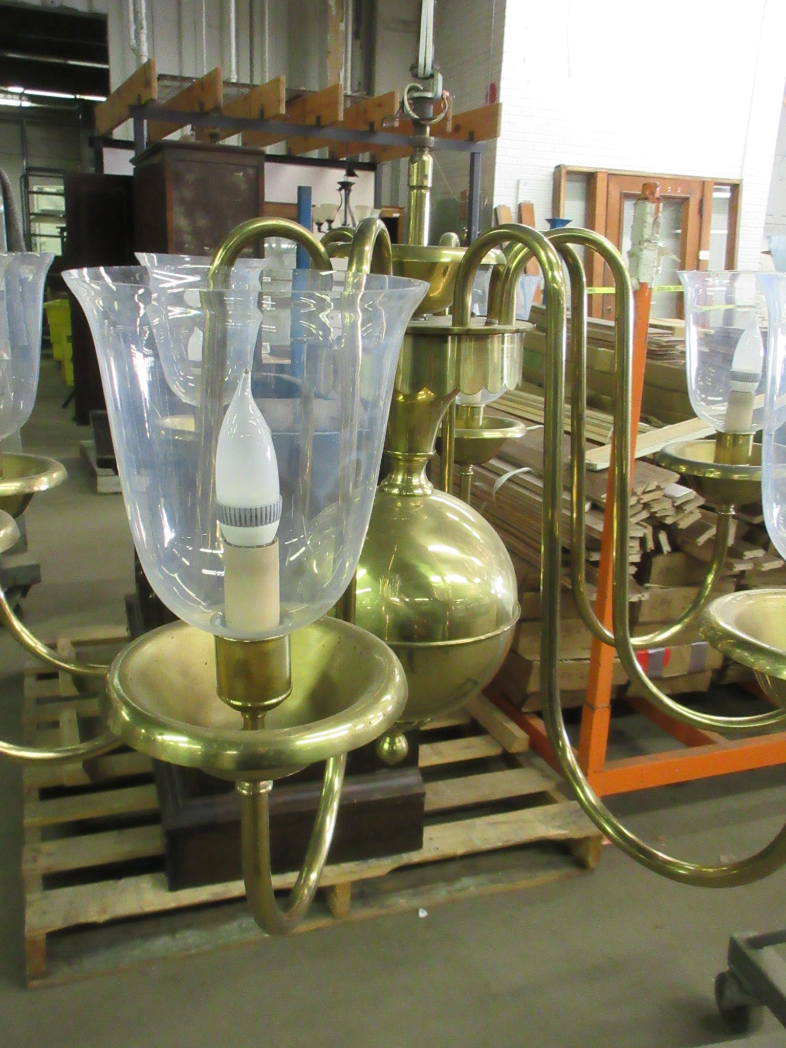 Eight Arm Brass Chandelier with Glass Sconces