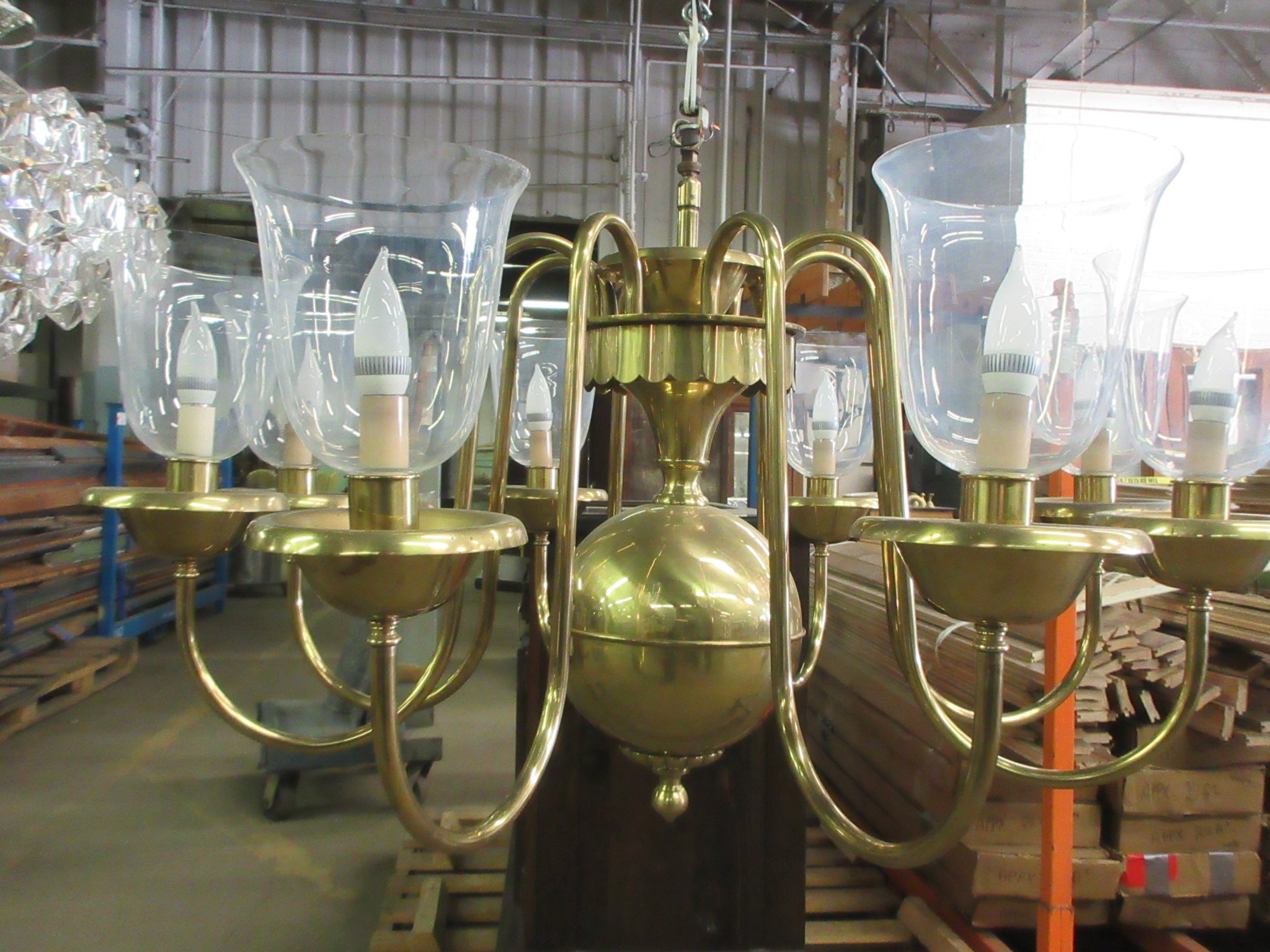Eight Arm Brass Chandelier with Glass Sconces